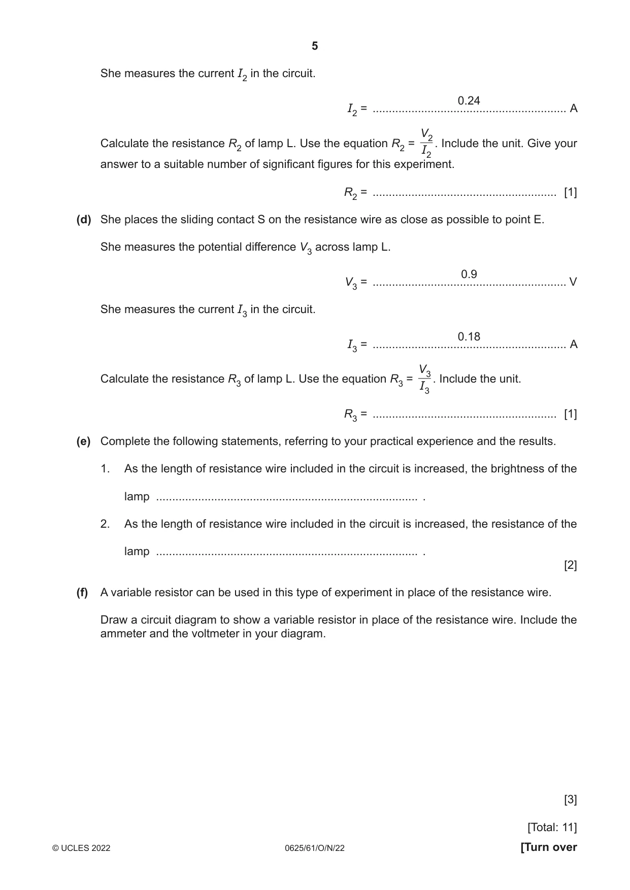Cambridge IGCSE Physics 0625 2022 Oct/Nov Paper 6 · Variant 1 question paper, page 5 of 12