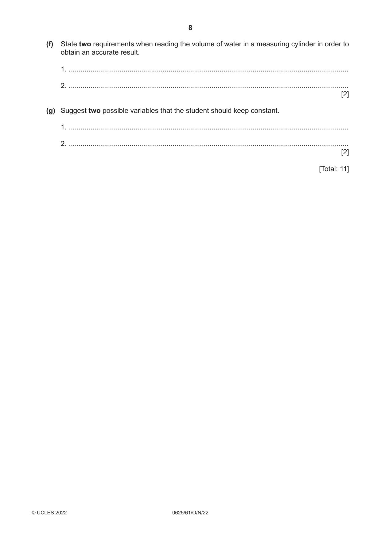 Cambridge IGCSE Physics 0625 2022 Oct/Nov Paper 6 · Variant 1 question paper, page 8 of 12