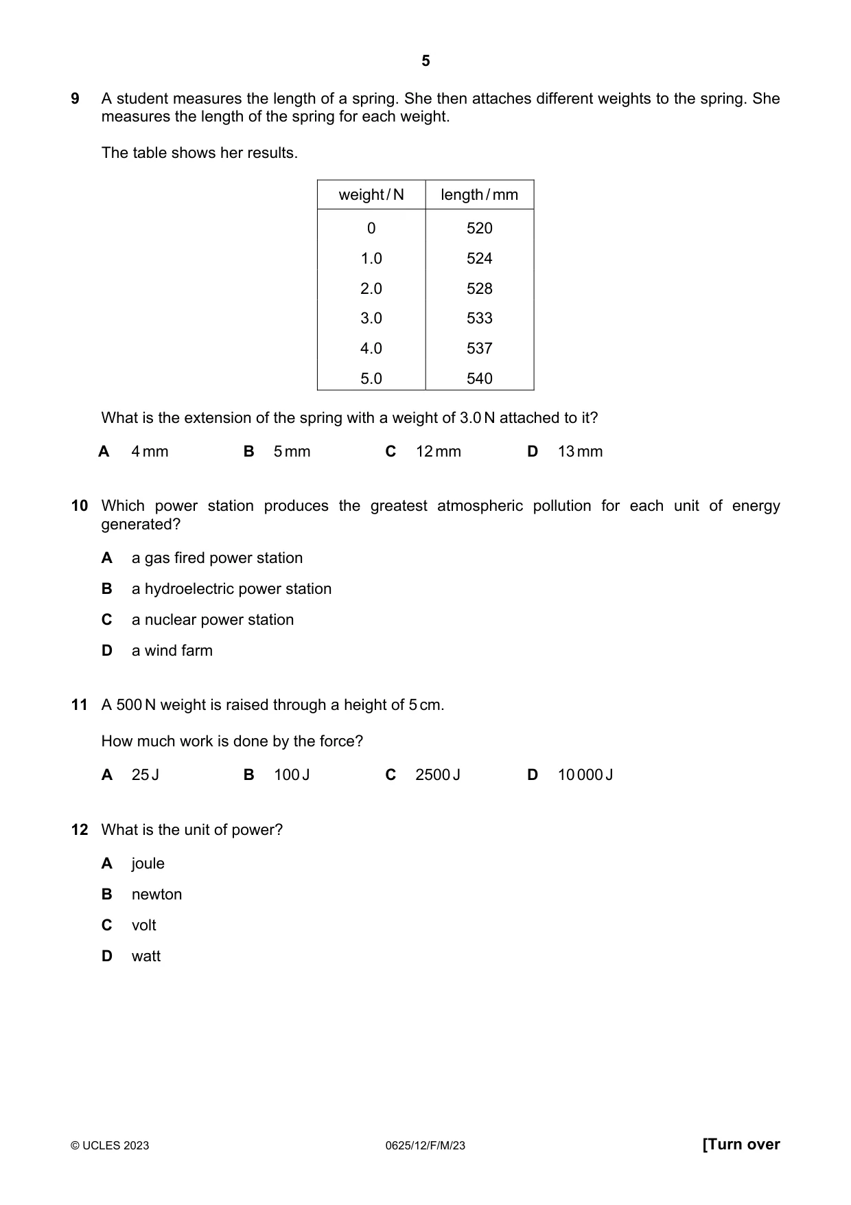 Cambridge IGCSE Physics 0625 2023 Feb/March Paper 1 · Variant 2 question paper, page 5 of 16