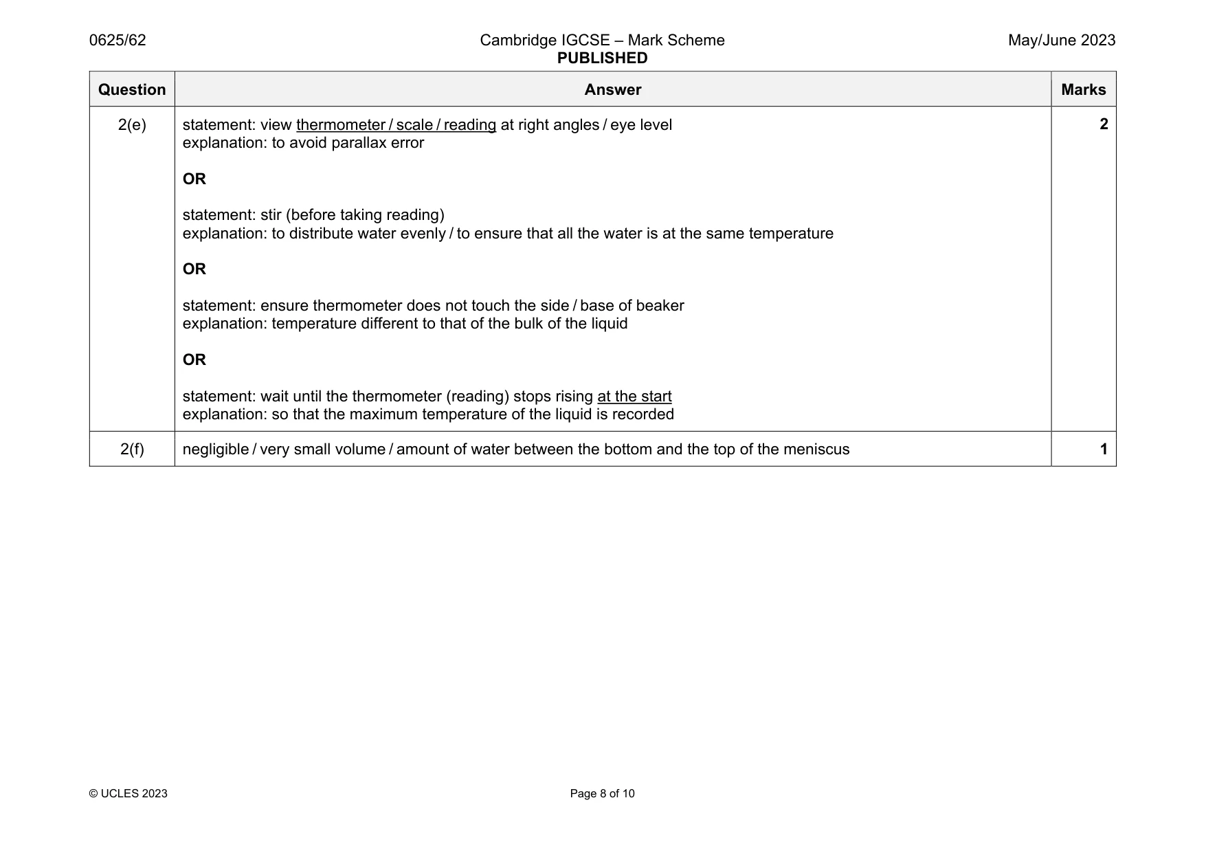 Mark scheme, page 8 of 10