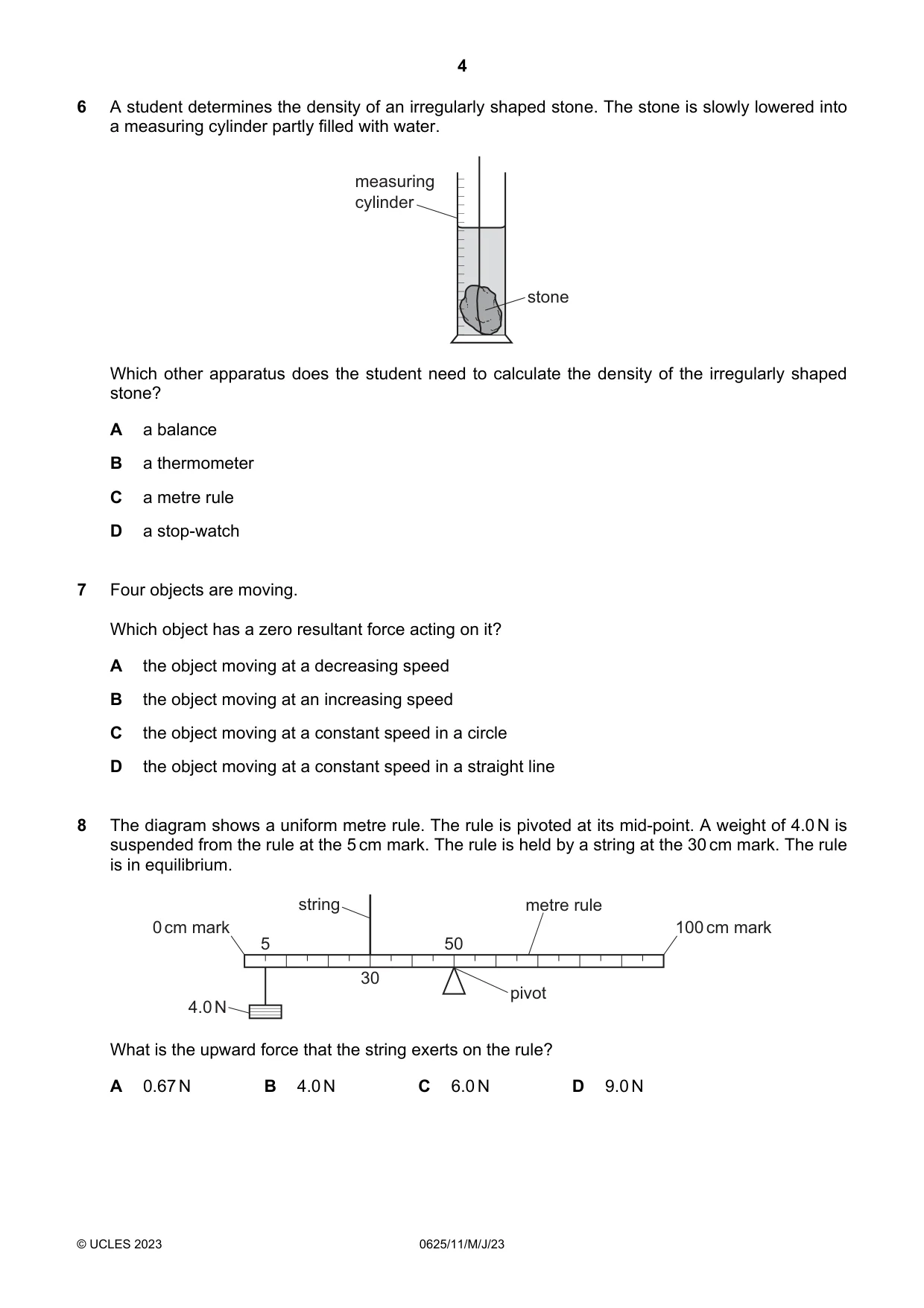 Cambridge IGCSE Physics 0625 2023 May/June Paper 1 · Variant 1 question paper, page 4 of 16