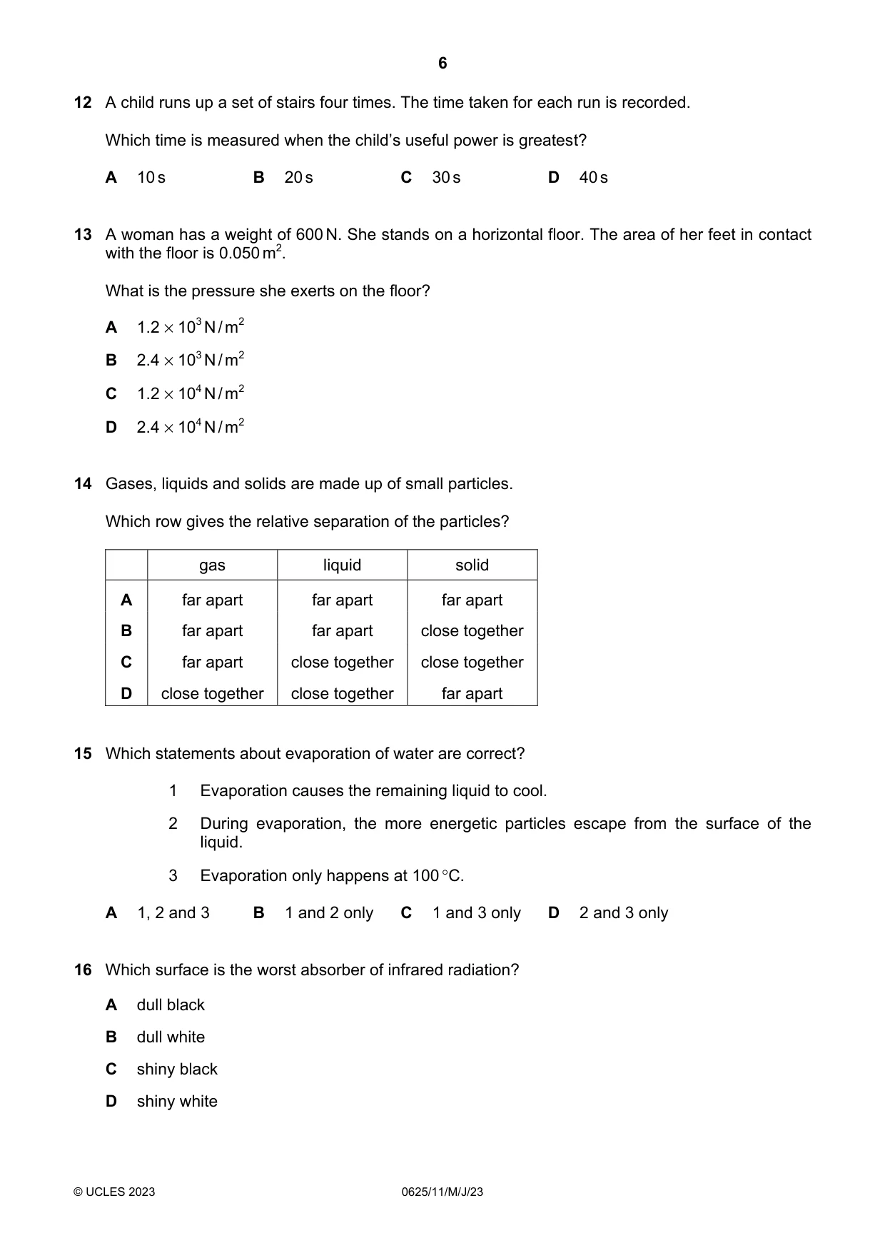 Cambridge IGCSE Physics 0625 2023 May/June Paper 1 · Variant 1 question paper, page 6 of 16