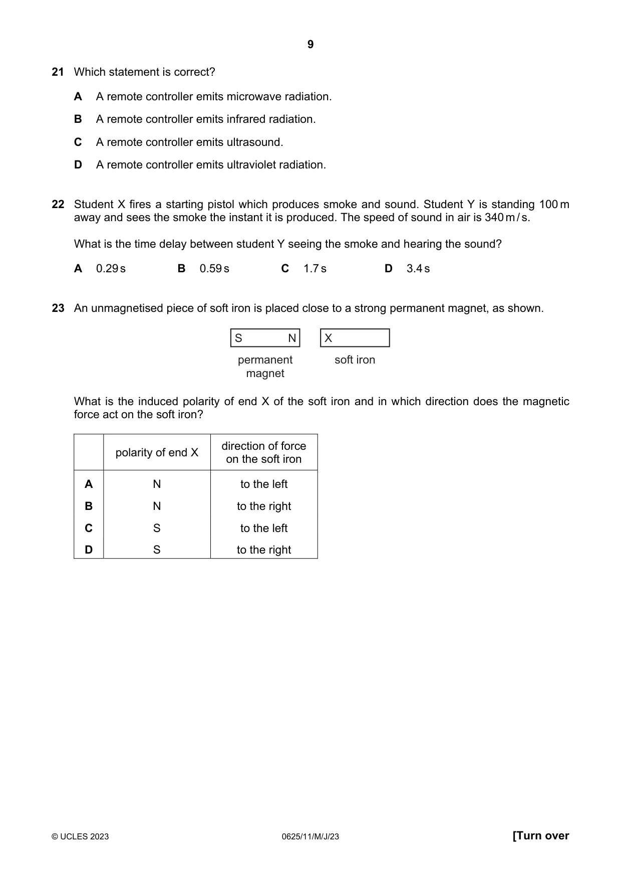 Cambridge IGCSE Physics 0625 2023 May/June Paper 1 · Variant 1 question paper, page 9 of 16