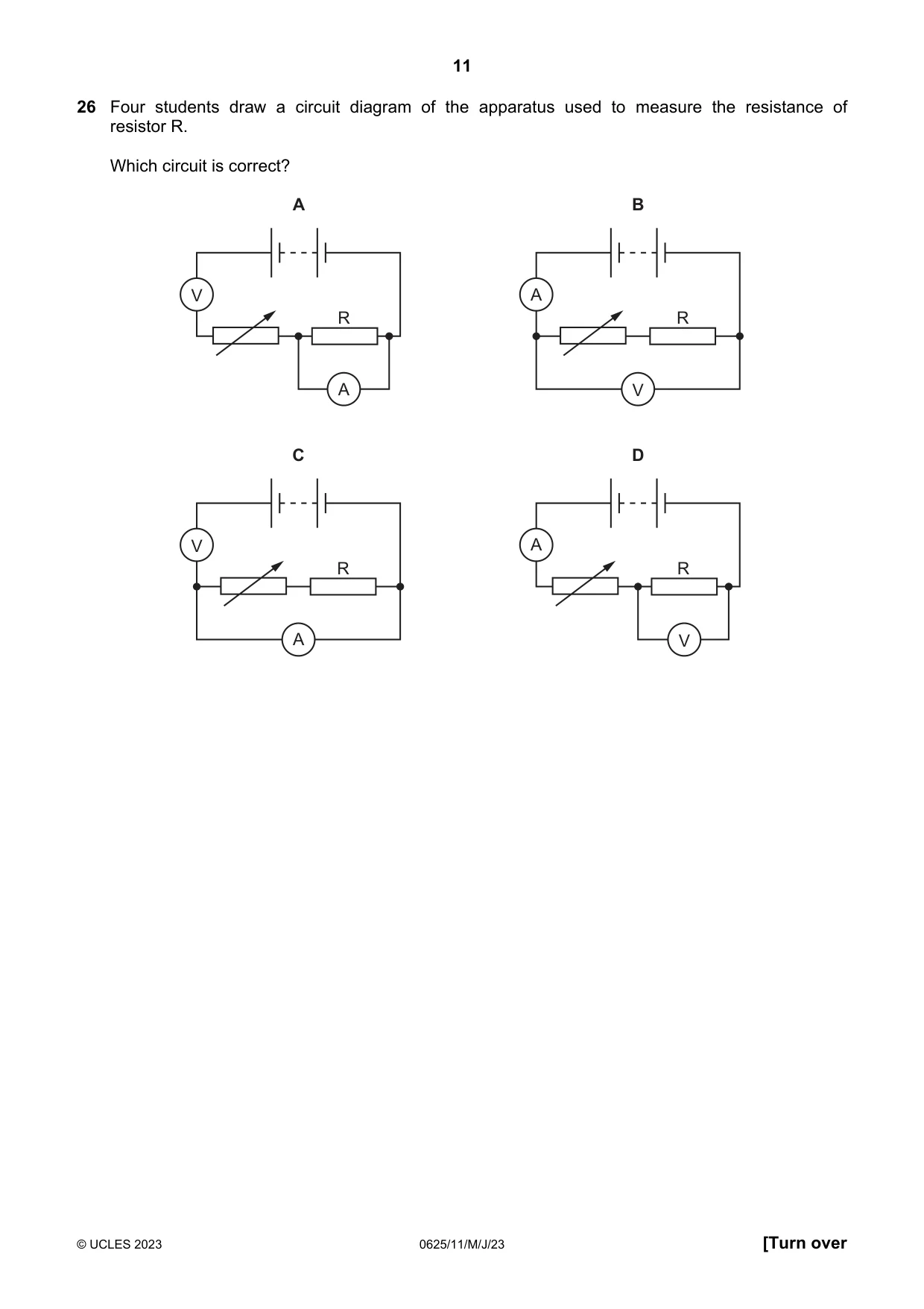 Cambridge IGCSE Physics 0625 2023 May/June Paper 1 · Variant 1 question paper, page 11 of 16