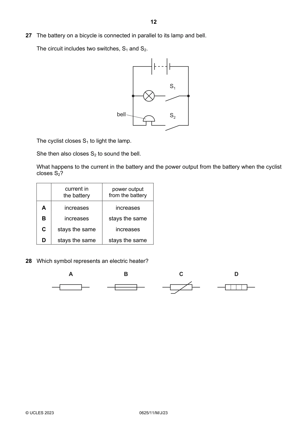 Cambridge IGCSE Physics 0625 2023 May/June Paper 1 · Variant 1 question paper, page 12 of 16
