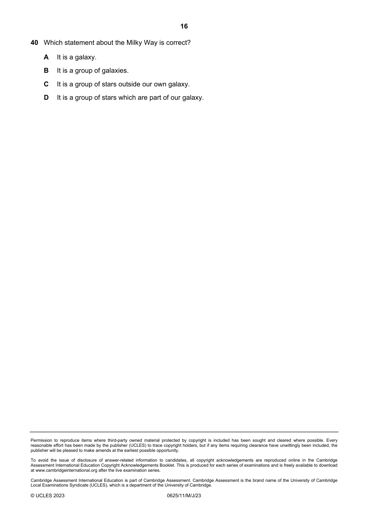 Cambridge IGCSE Physics 0625 2023 May/June Paper 1 · Variant 1 question paper, page 16 of 16