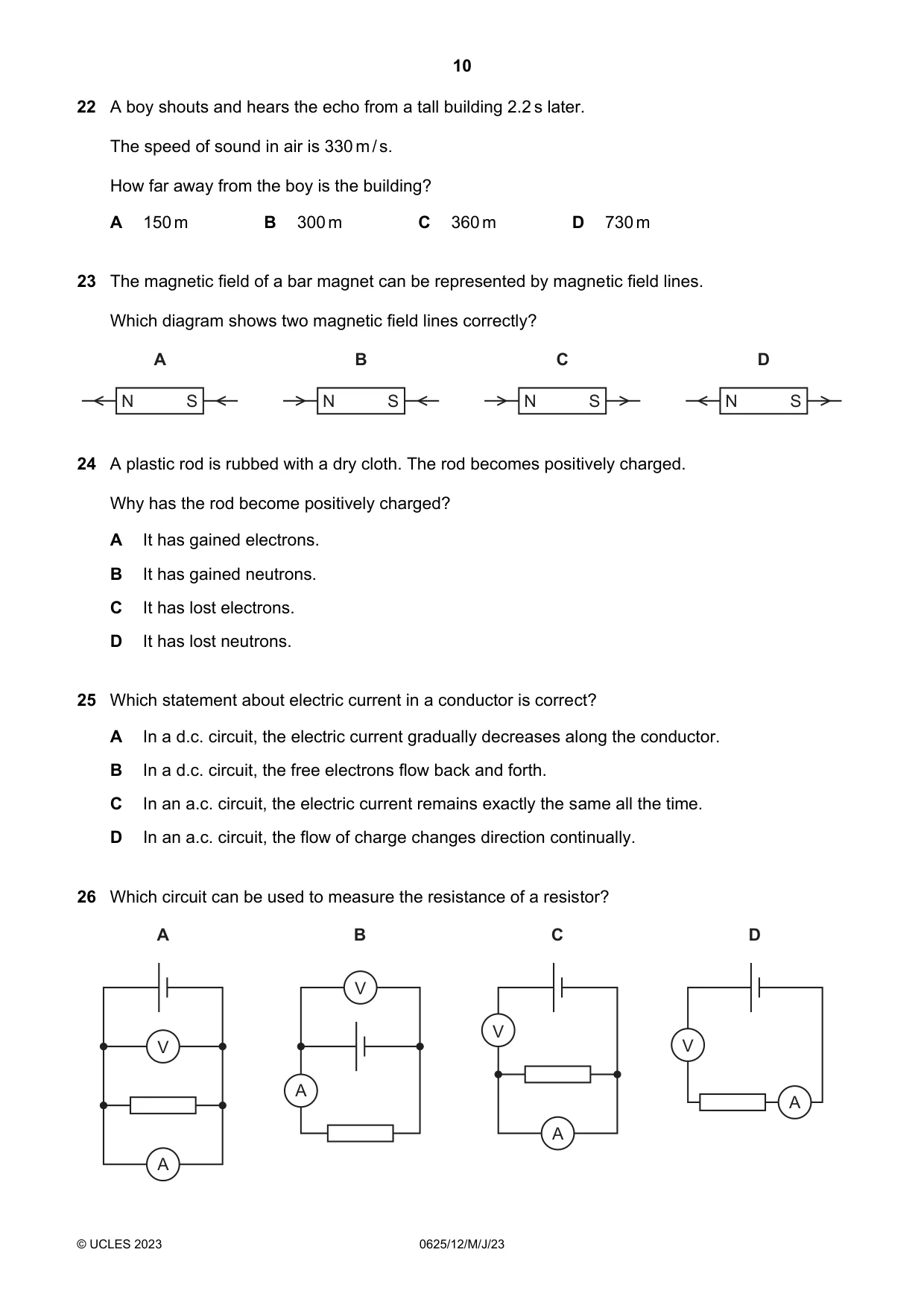 Cambridge IGCSE Physics 0625 2023 May/June Paper 1 · Variant 2 question paper, page 10 of 16