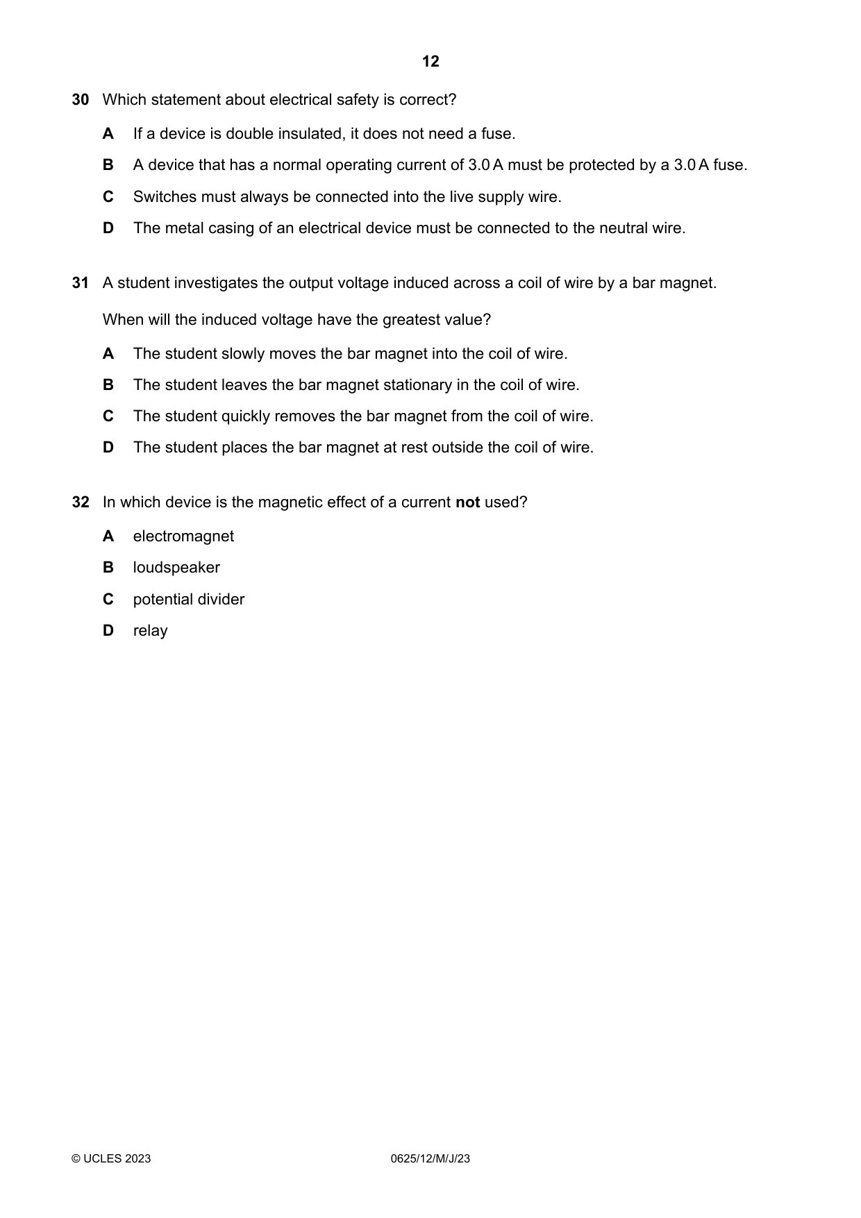Cambridge IGCSE Physics 0625 2023 May/June Paper 1 · Variant 2 question paper, page 12 of 16