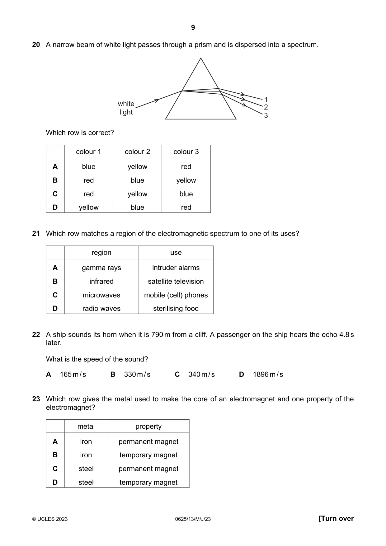 Cambridge IGCSE Physics 0625 2023 May/June Paper 1 · Variant 3 question paper, page 9 of 16