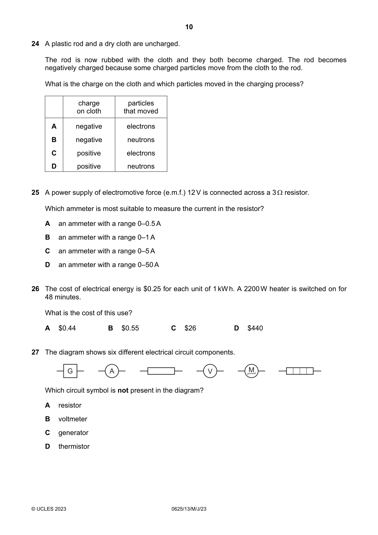 Cambridge IGCSE Physics 0625 2023 May/June Paper 1 · Variant 3 question paper, page 10 of 16