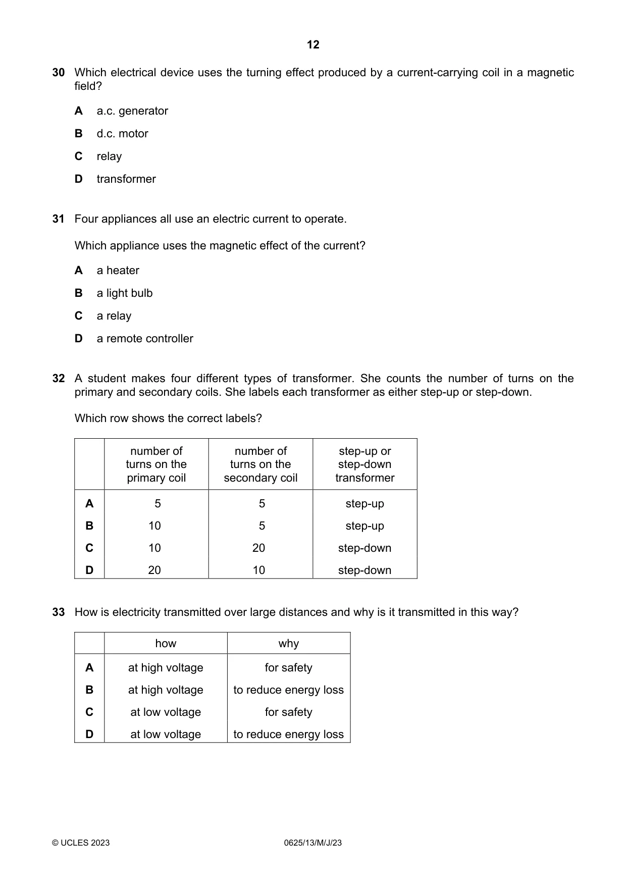 Cambridge IGCSE Physics 0625 2023 May/June Paper 1 · Variant 3 question paper, page 12 of 16