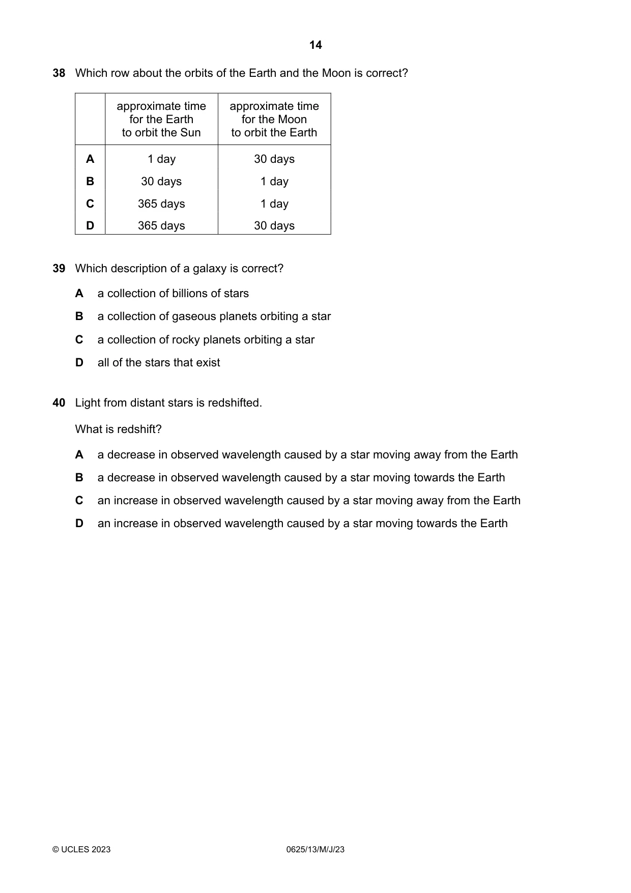 Cambridge IGCSE Physics 0625 2023 May/June Paper 1 · Variant 3 question paper, page 14 of 16