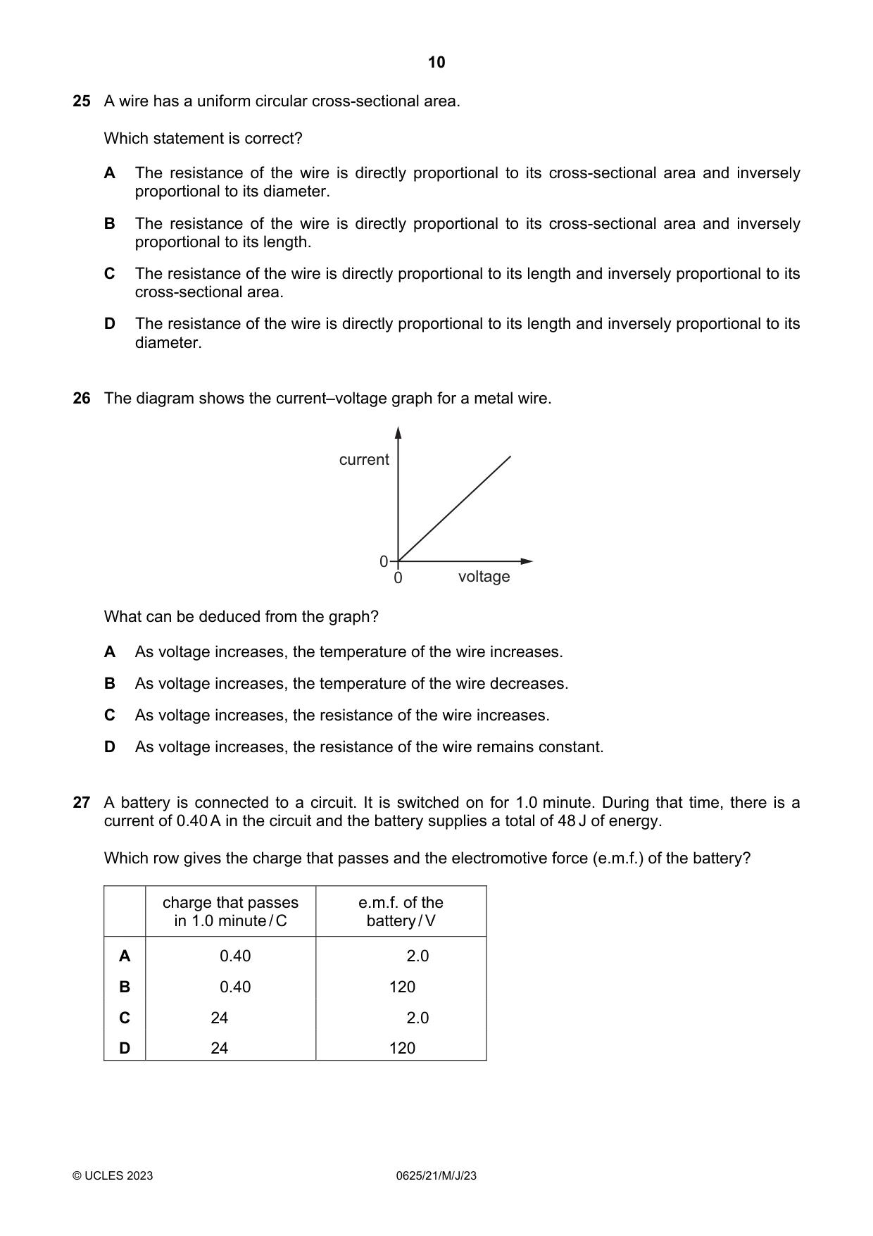 Cambridge IGCSE Physics 0625 2023 May/June Paper 2 · Variant 1 question paper, page 10 of 16