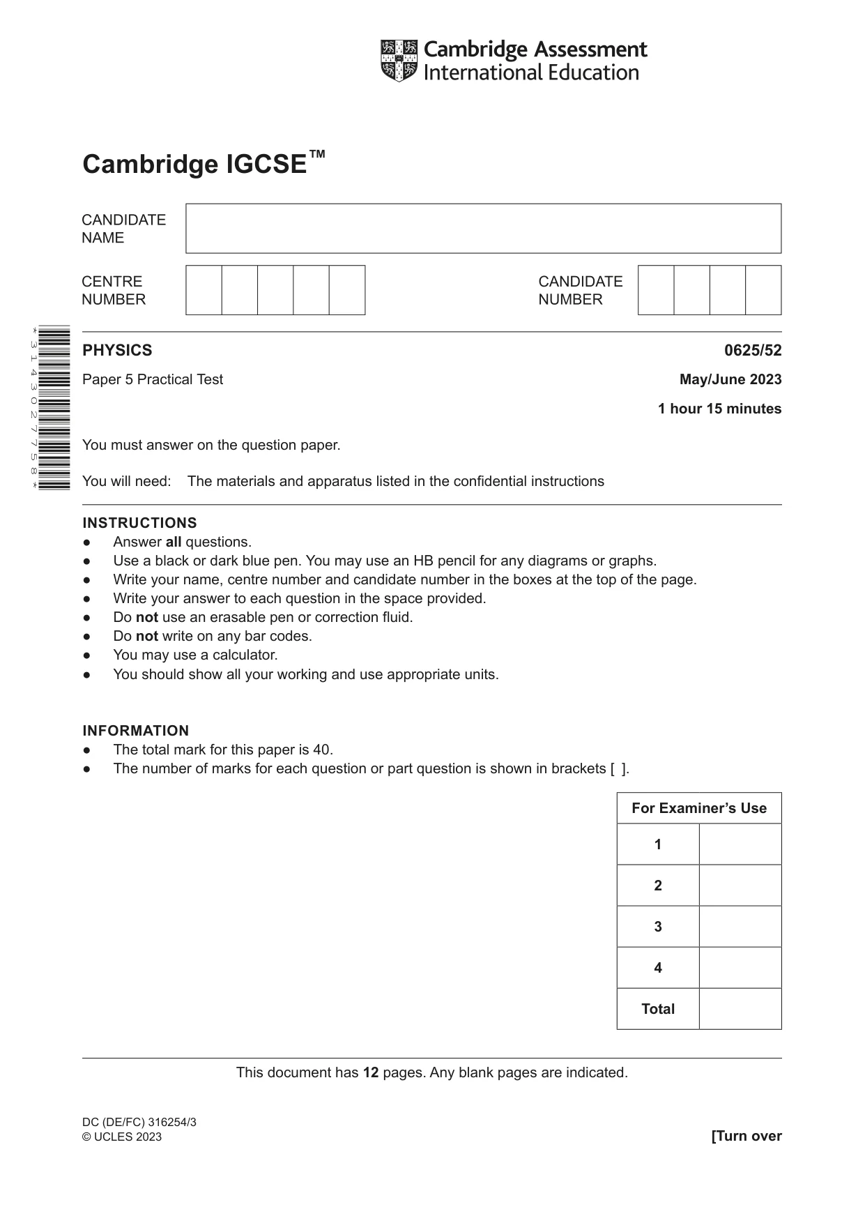 Cambridge IGCSE Physics 0625 2023 May/June Paper 5 · Variant 2 question paper, page 1 of 12