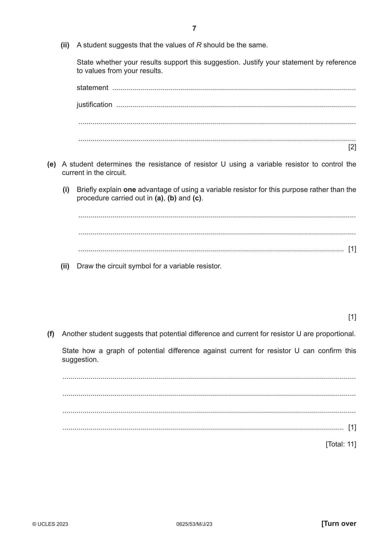 Cambridge IGCSE Physics 0625 2023 May/June Paper 5 · Variant 3 question paper, page 7 of 12