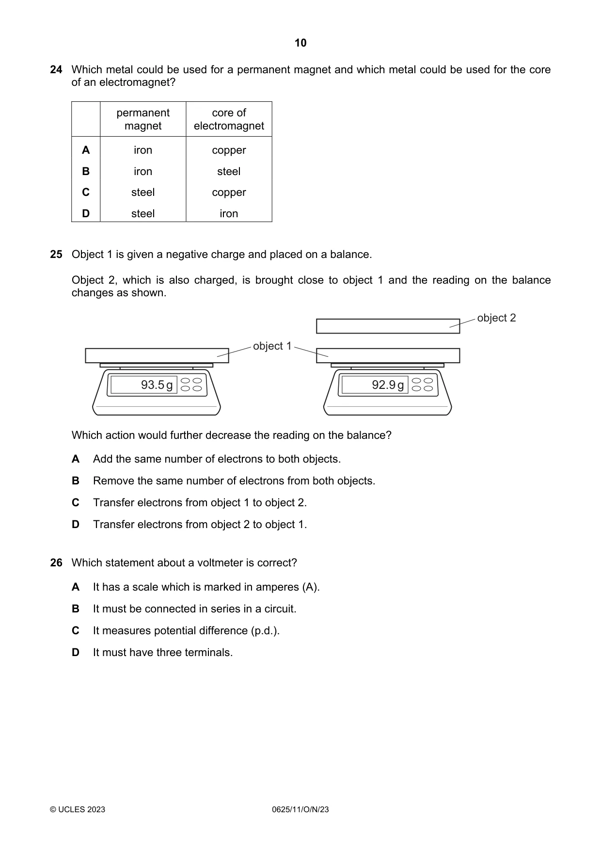 Cambridge IGCSE Physics 0625 2023 Oct/Nov Paper 1 · Variant 1 question paper, page 10 of 16