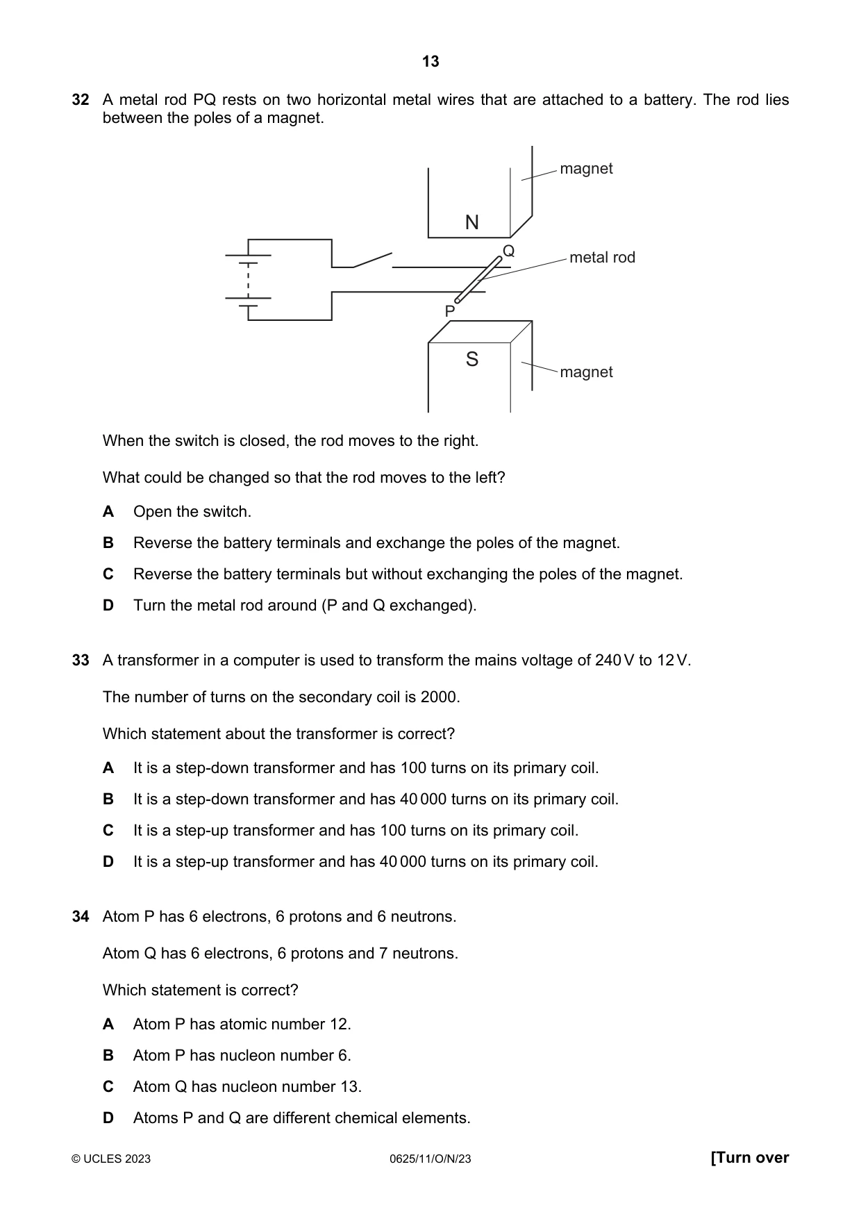 Cambridge IGCSE Physics 0625 2023 Oct/Nov Paper 1 · Variant 1 question paper, page 13 of 16