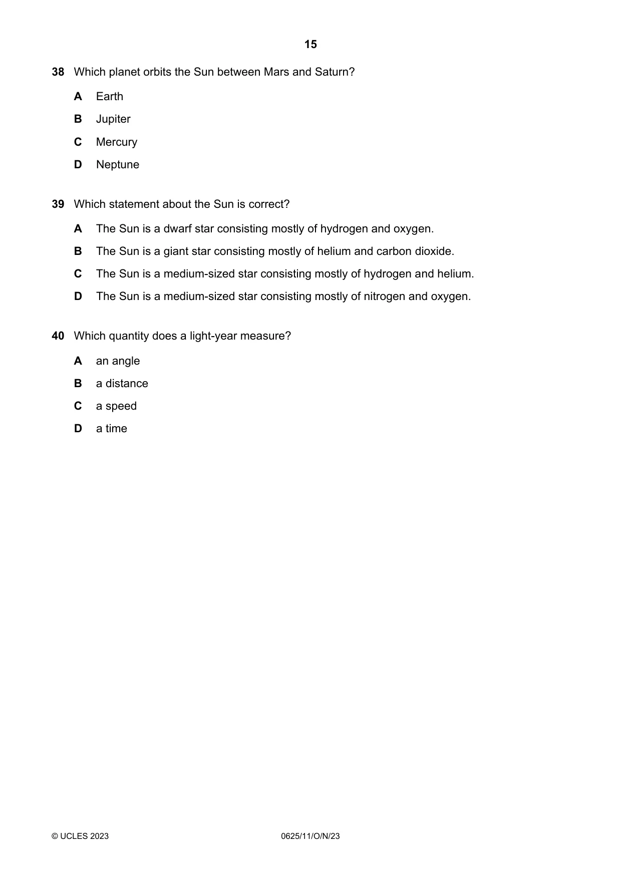 Cambridge IGCSE Physics 0625 2023 Oct/Nov Paper 1 · Variant 1 question paper, page 15 of 16