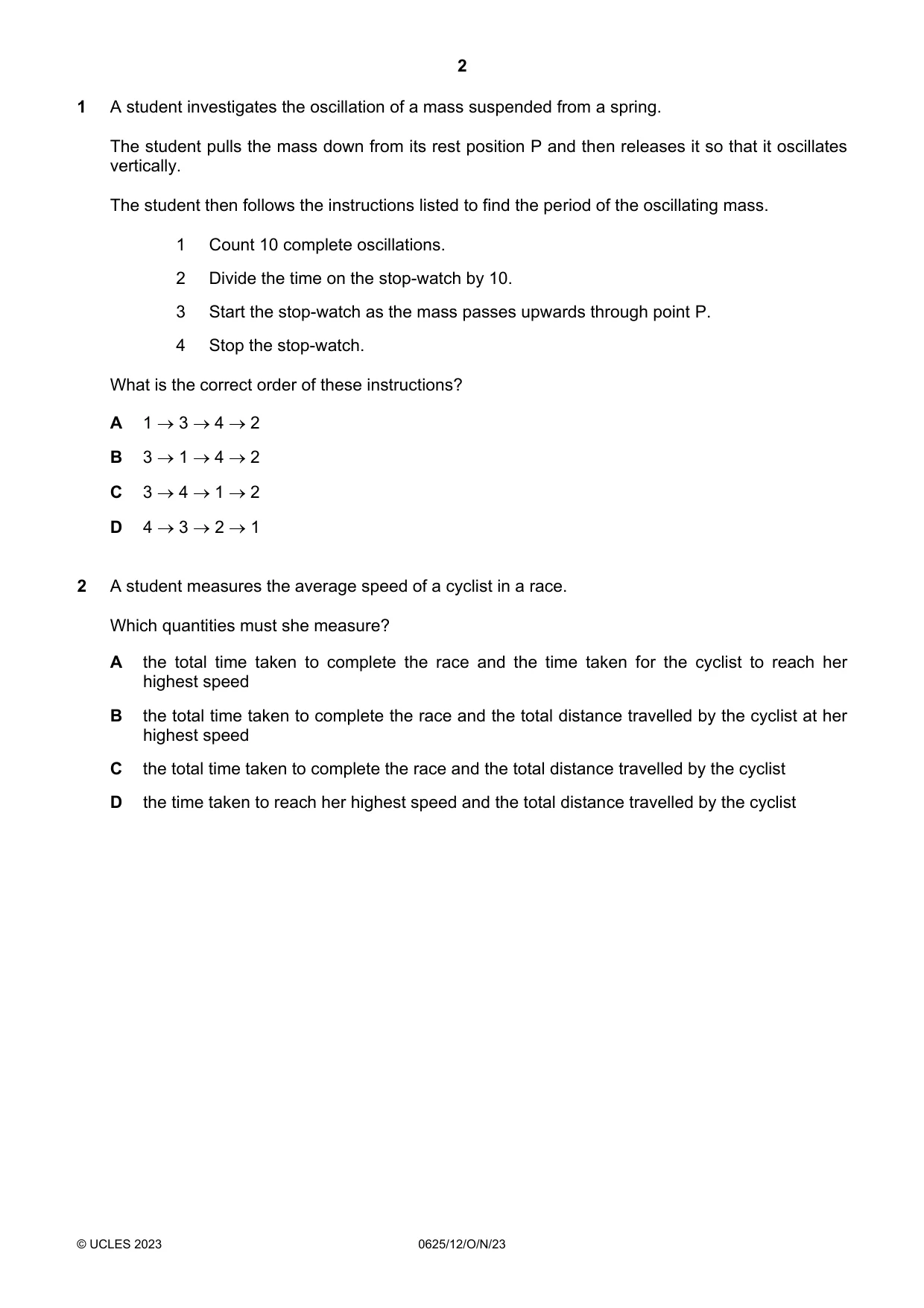 Cambridge IGCSE Physics 0625 2023 Oct/Nov Paper 1 · Variant 2 question paper, page 2 of 16