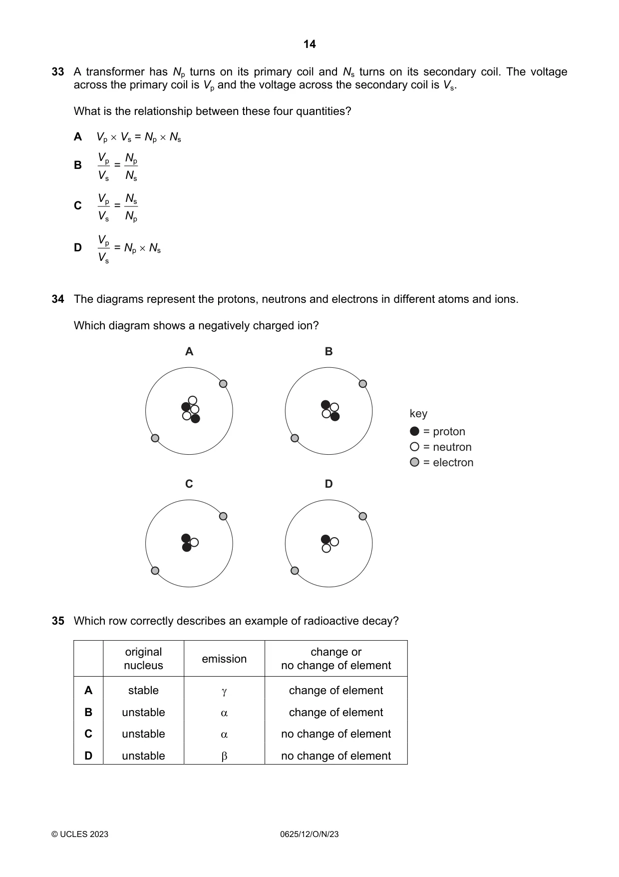 Cambridge IGCSE Physics 0625 2023 Oct/Nov Paper 1 · Variant 2 question paper, page 14 of 16