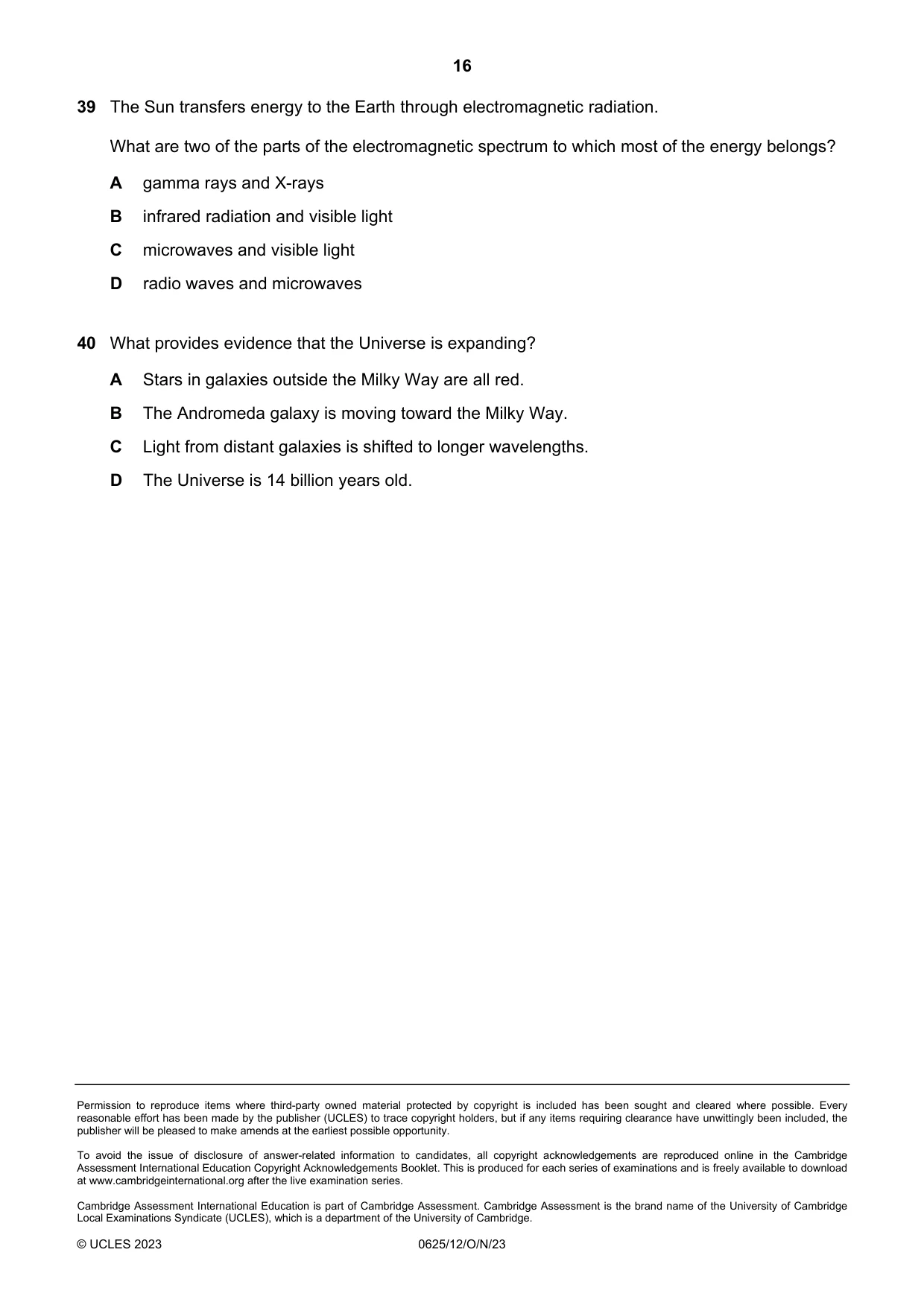 Cambridge IGCSE Physics 0625 2023 Oct/Nov Paper 1 · Variant 2 question paper, page 16 of 16