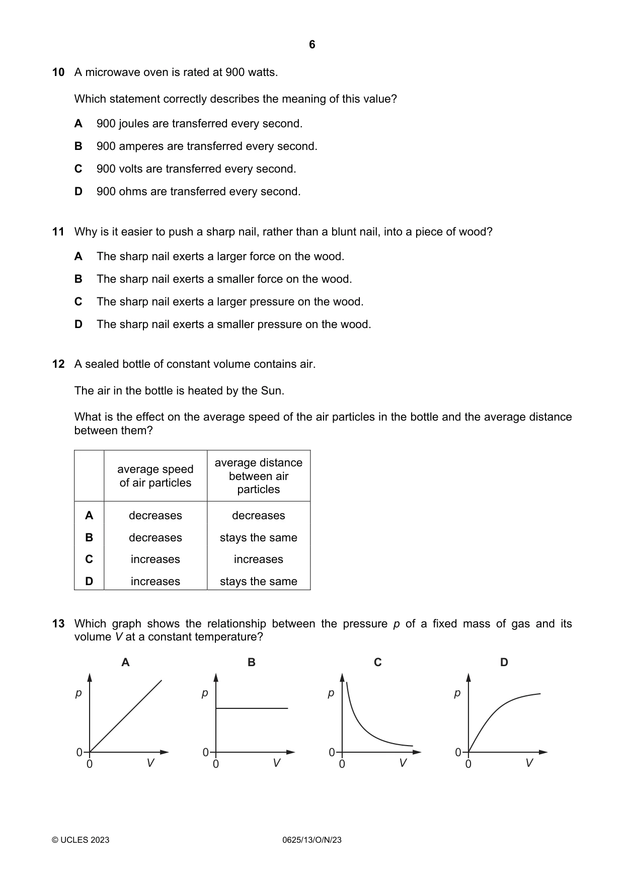 Cambridge IGCSE Physics 0625 2023 Oct/Nov Paper 1 · Variant 3 question paper, page 6 of 16