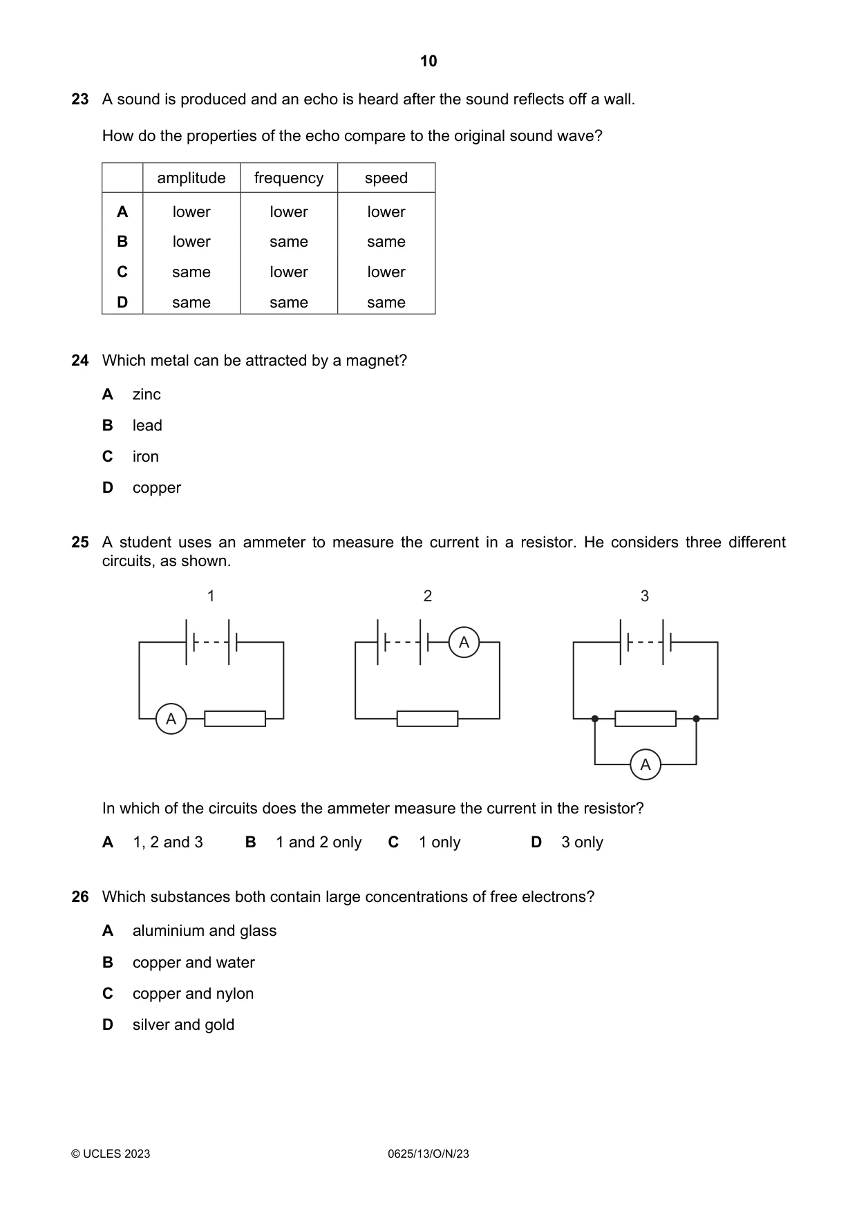 Cambridge IGCSE Physics 0625 2023 Oct/Nov Paper 1 · Variant 3 question paper, page 10 of 16