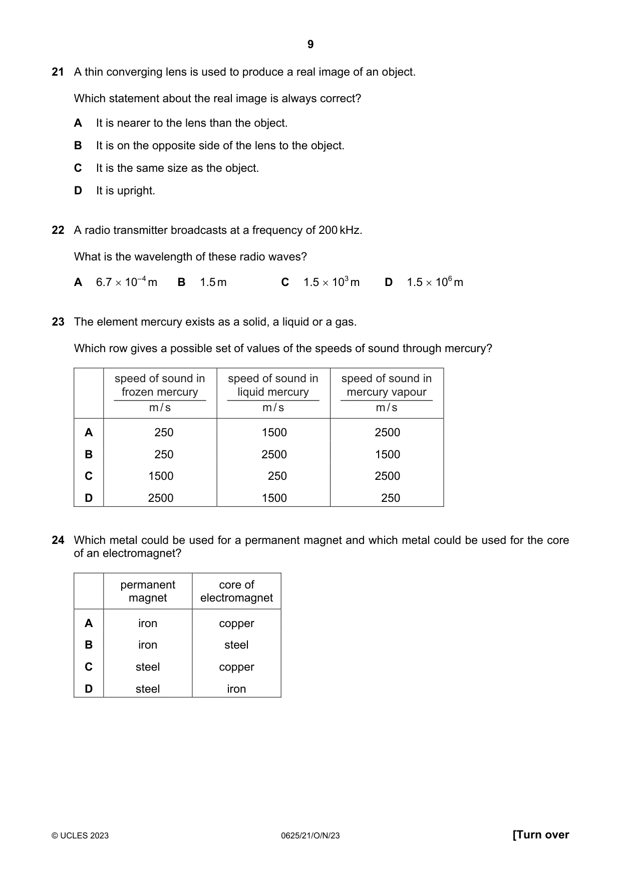 Cambridge IGCSE Physics 0625 2023 Oct/Nov Paper 2 · Variant 1 question paper, page 9 of 16