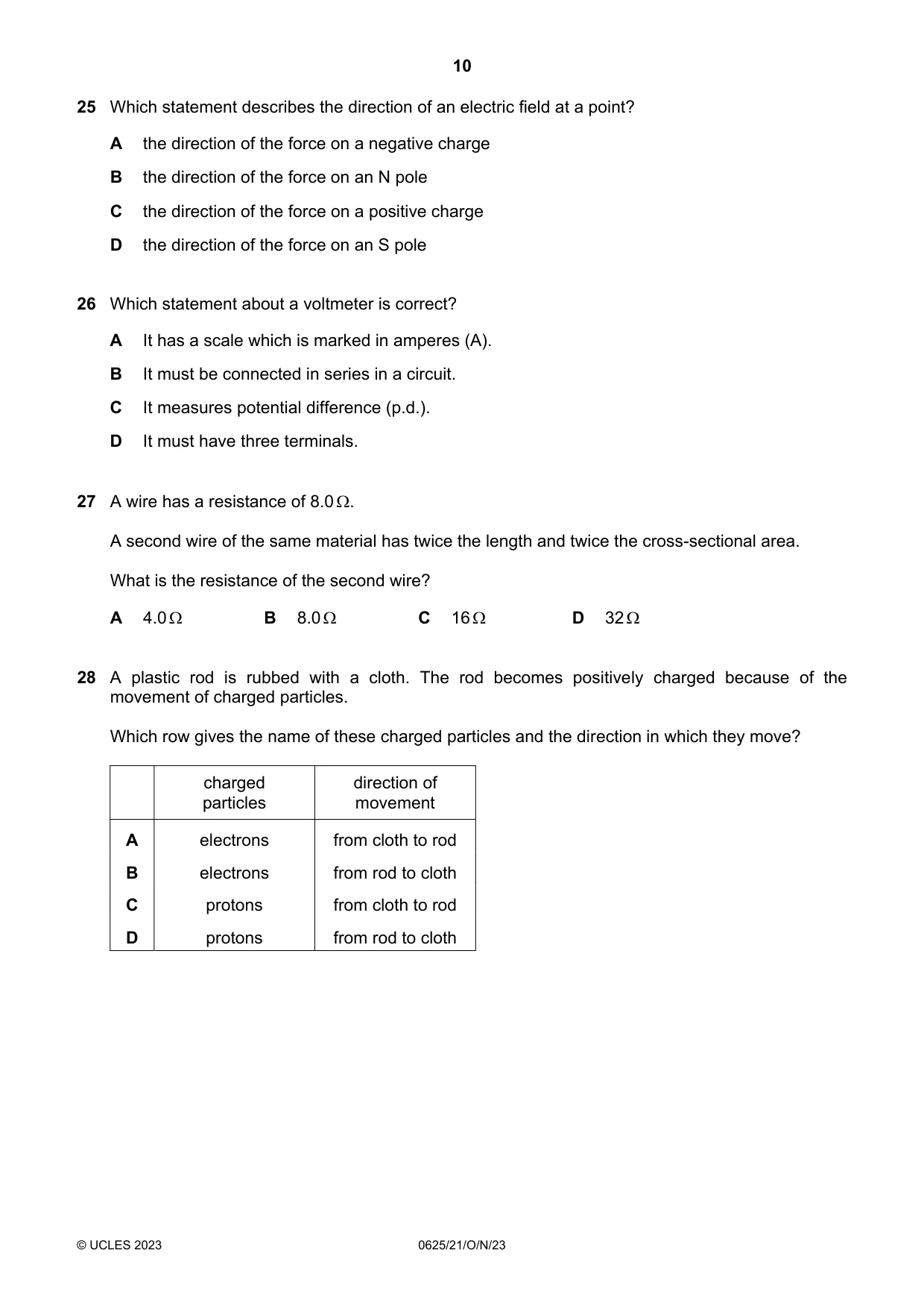 Cambridge IGCSE Physics 0625 2023 Oct/Nov Paper 2 · Variant 1 question paper, page 10 of 16