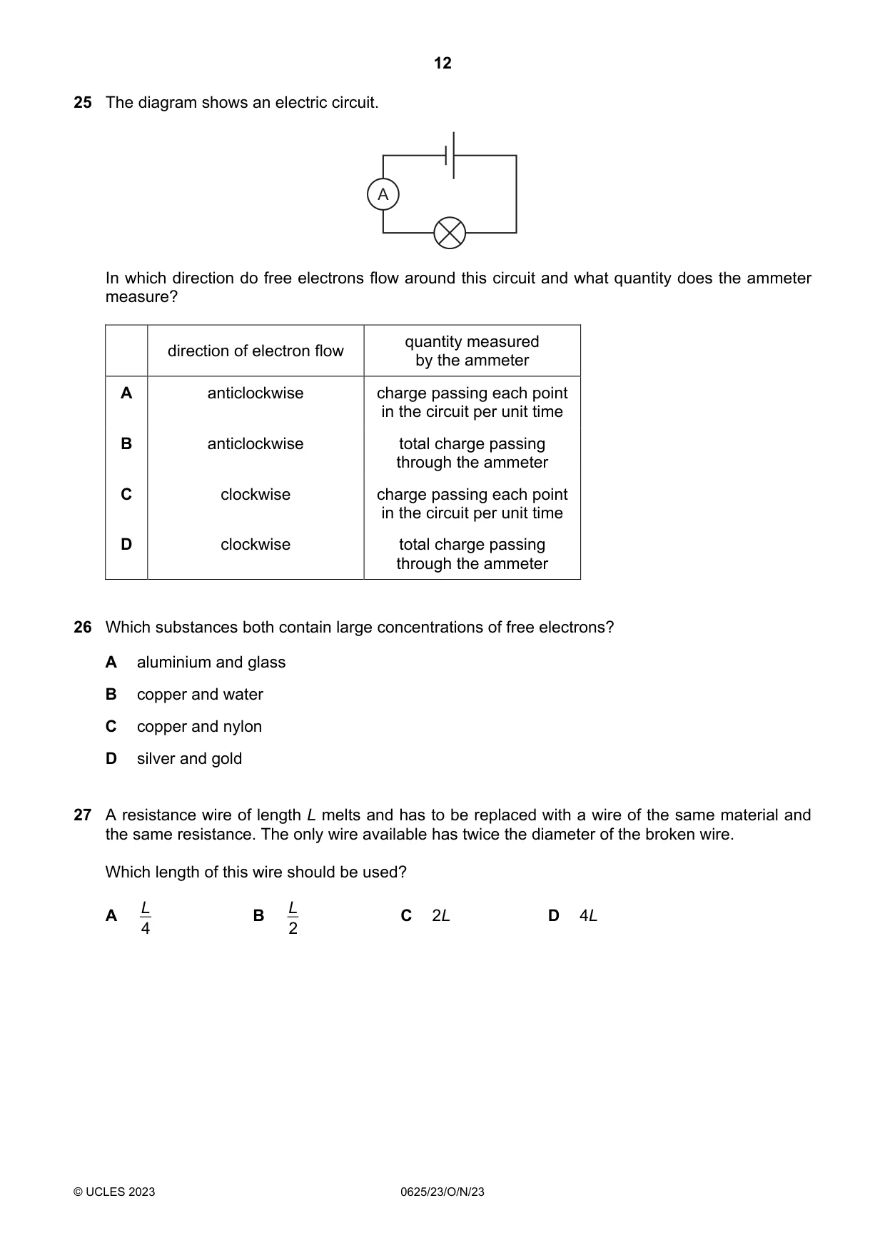 Cambridge IGCSE Physics 0625 2023 Oct/Nov Paper 2 · Variant 3 question paper, page 12 of 20