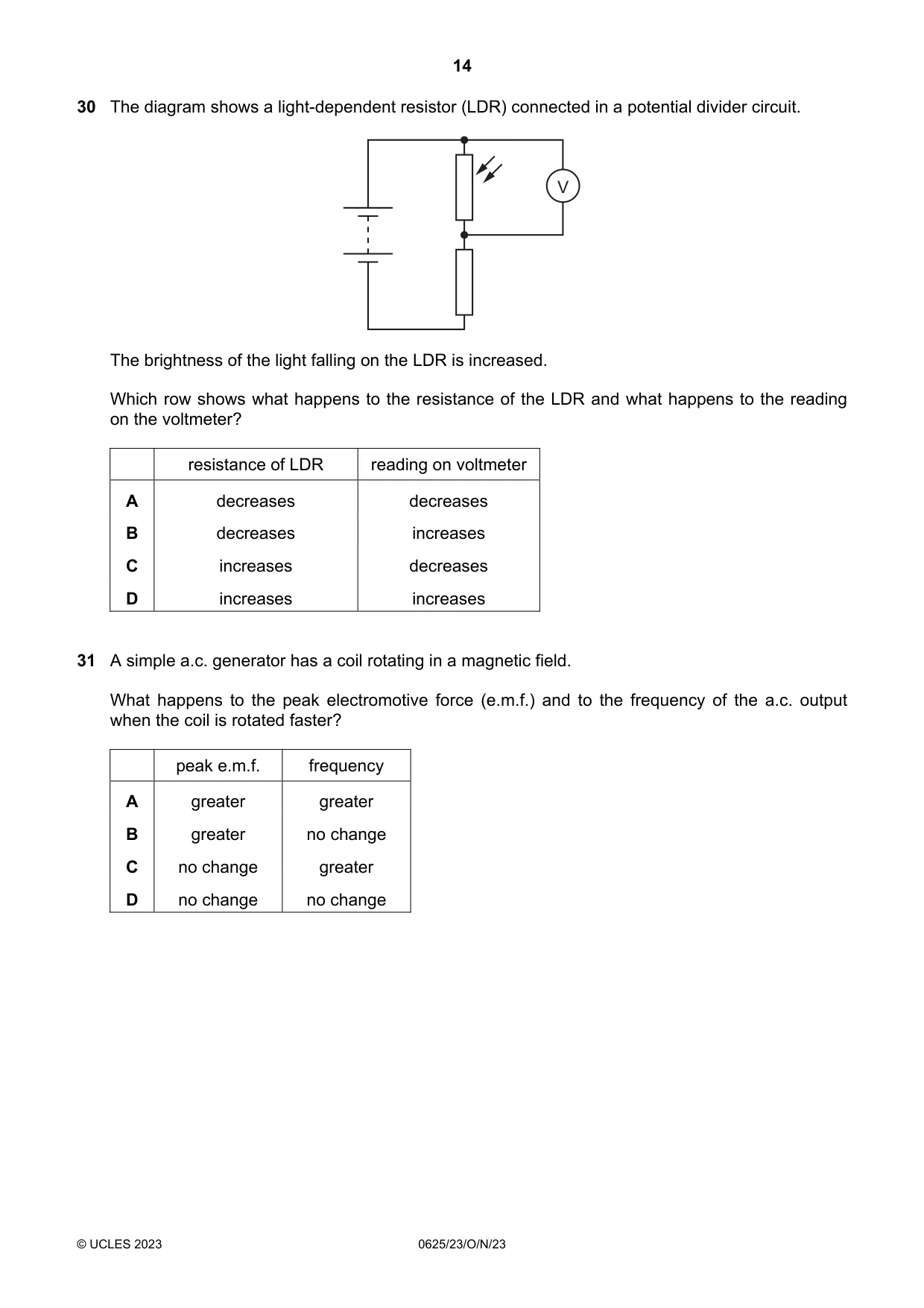 Cambridge IGCSE Physics 0625 2023 Oct/Nov Paper 2 · Variant 3 question paper, page 14 of 20