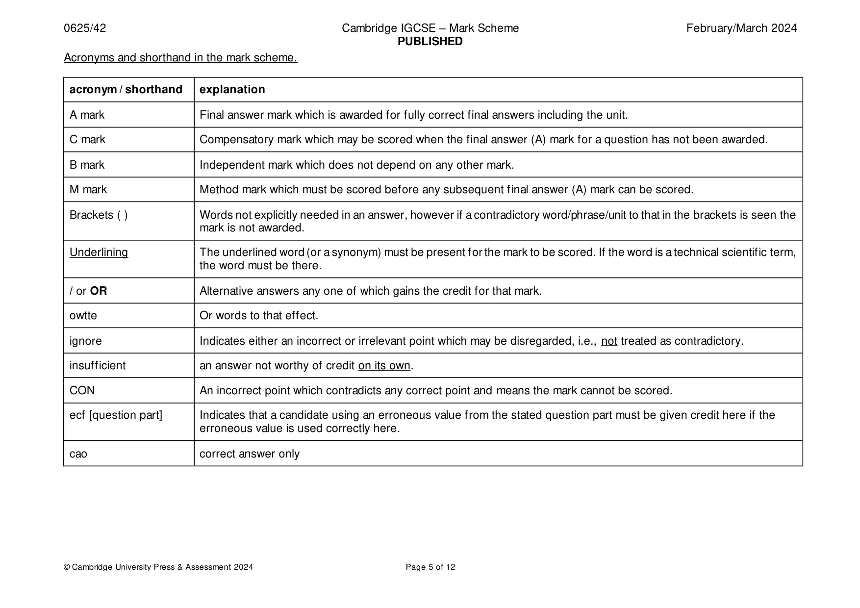 Mark scheme, page 5 of 12