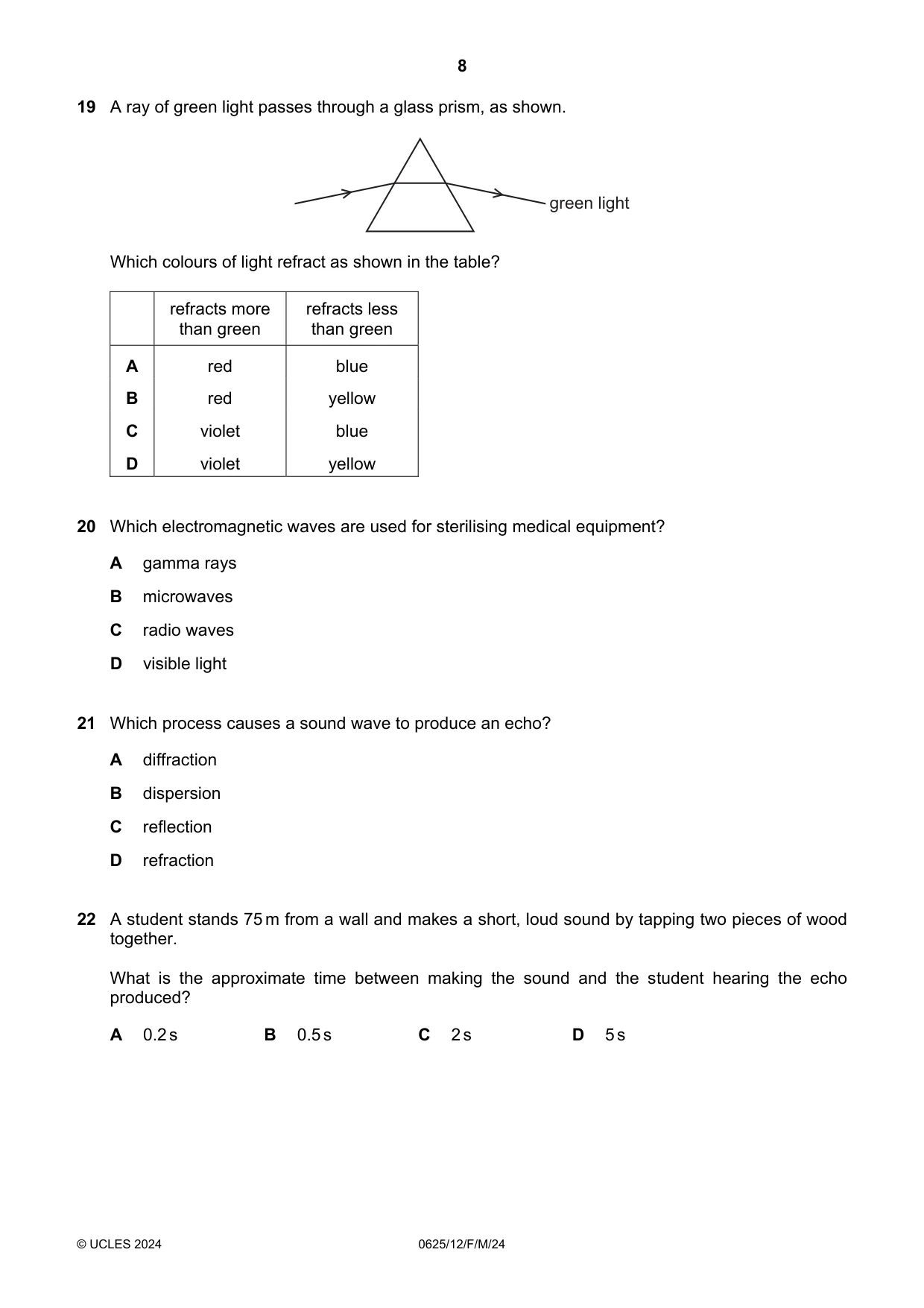 Cambridge IGCSE Physics 0625 2024 Feb/March Paper 1 · Variant 2 question paper, page 8 of 16