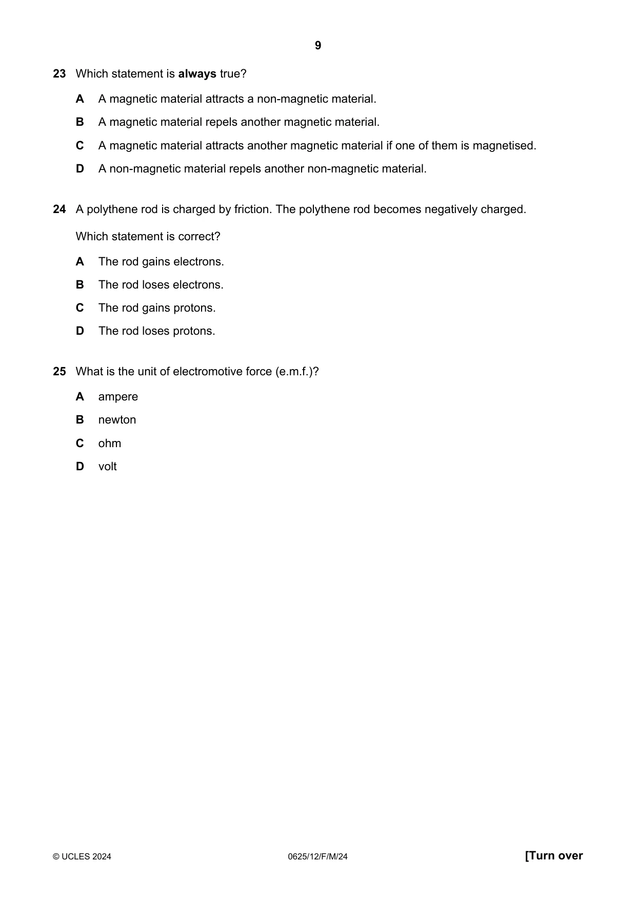 Cambridge IGCSE Physics 0625 2024 Feb/March Paper 1 · Variant 2 question paper, page 9 of 16