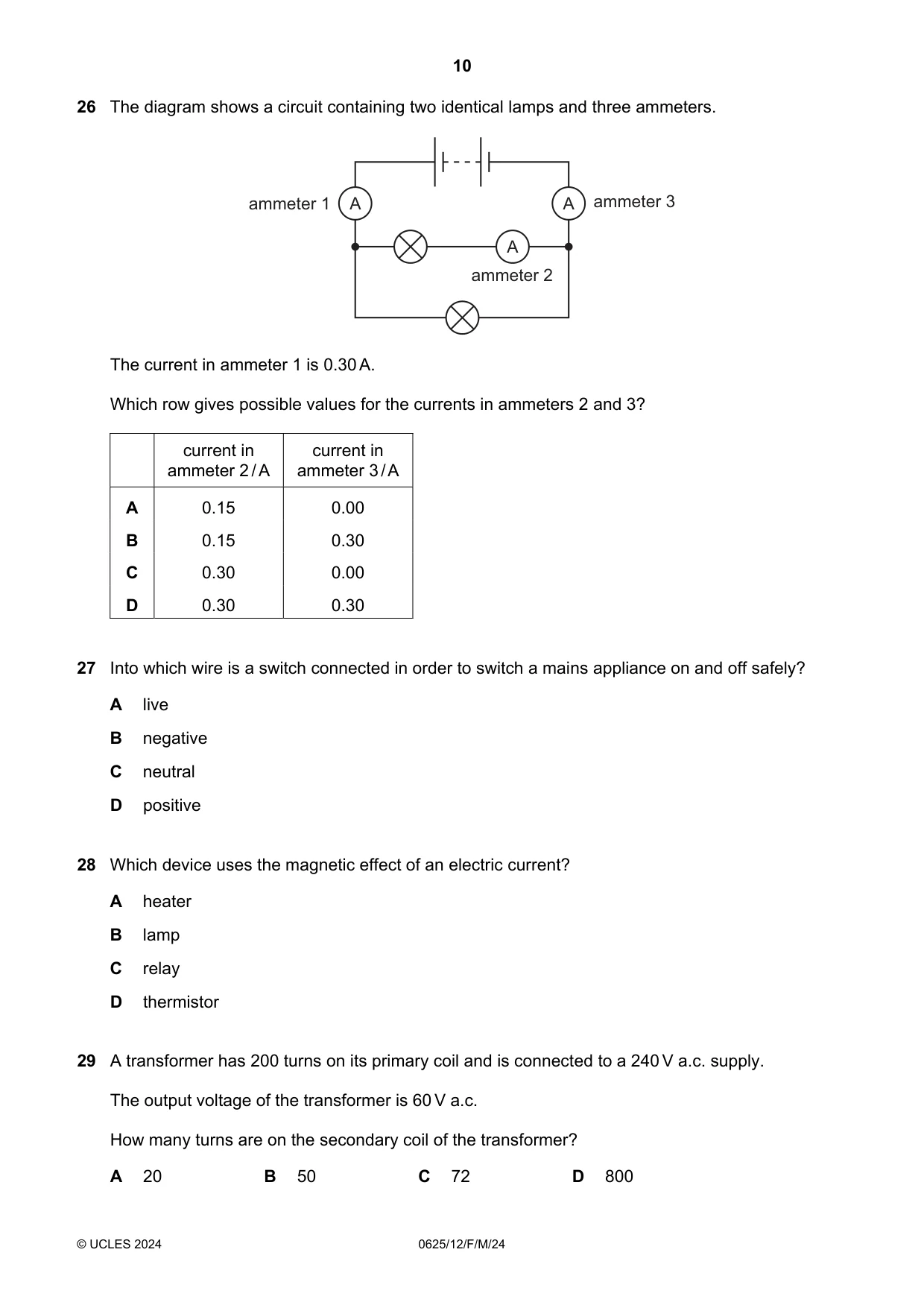 Cambridge IGCSE Physics 0625 2024 Feb/March Paper 1 · Variant 2 question paper, page 10 of 16