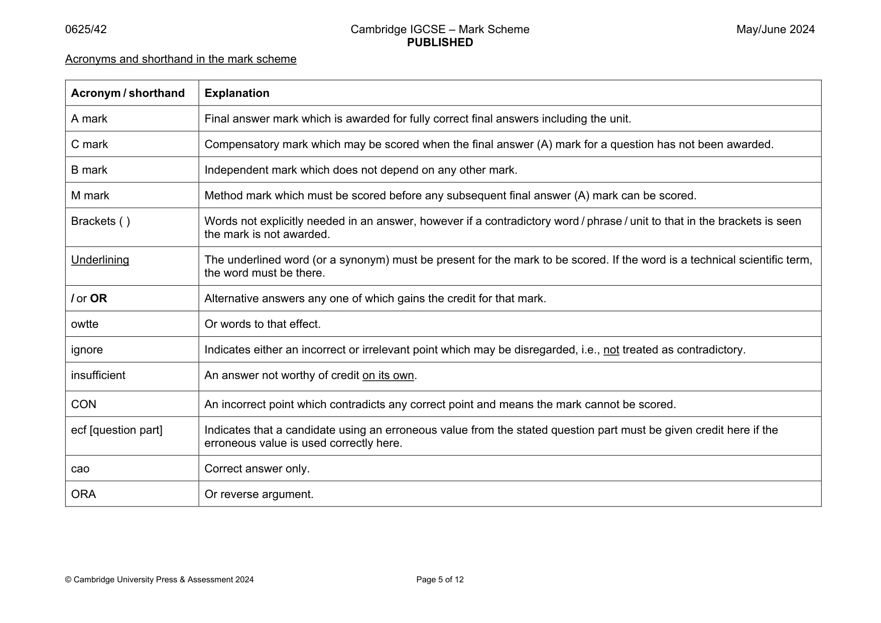 Mark scheme, page 5 of 12