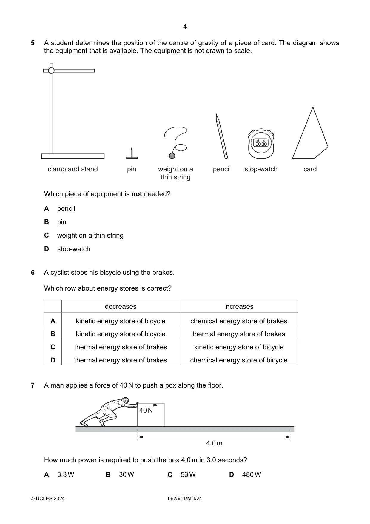 Cambridge IGCSE Physics 0625 2024 May/June Paper 1 · Variant 1 question paper, page 4 of 16