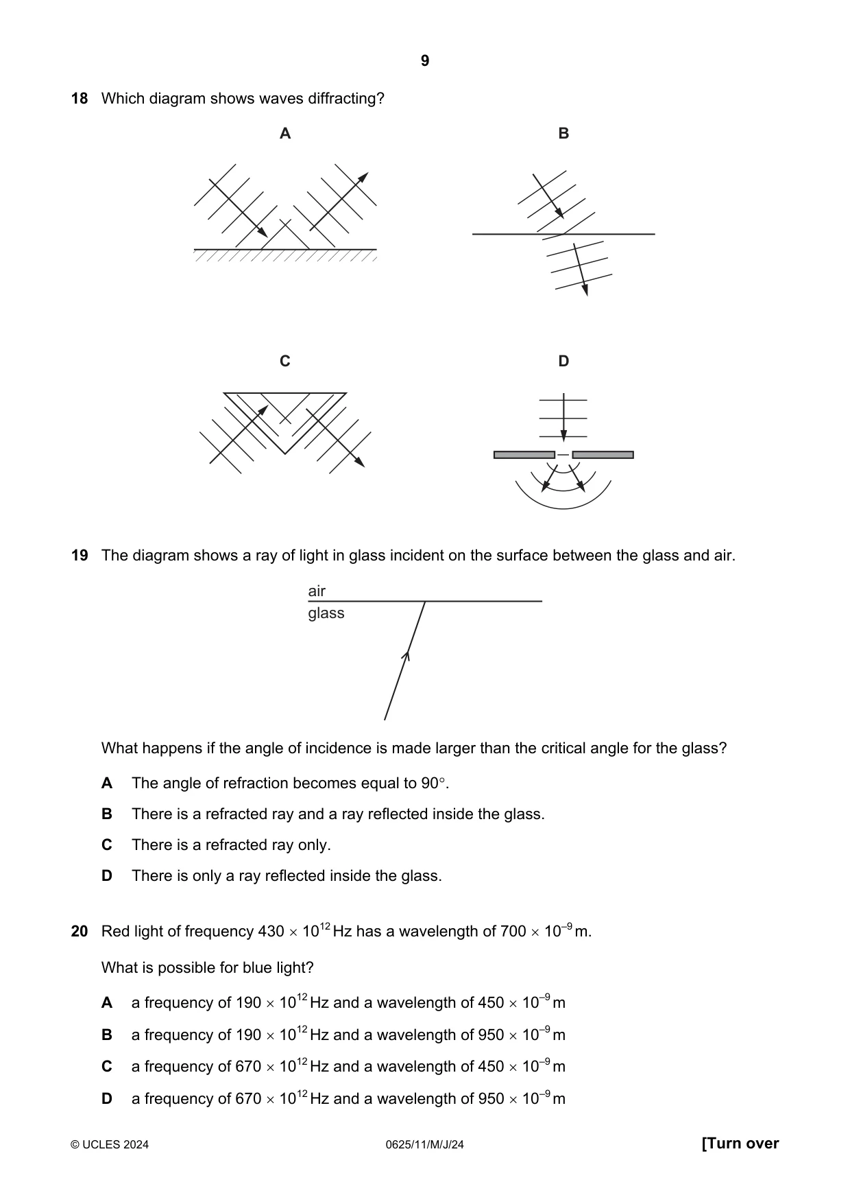 Cambridge IGCSE Physics 0625 2024 May/June Paper 1 · Variant 1 question paper, page 9 of 16