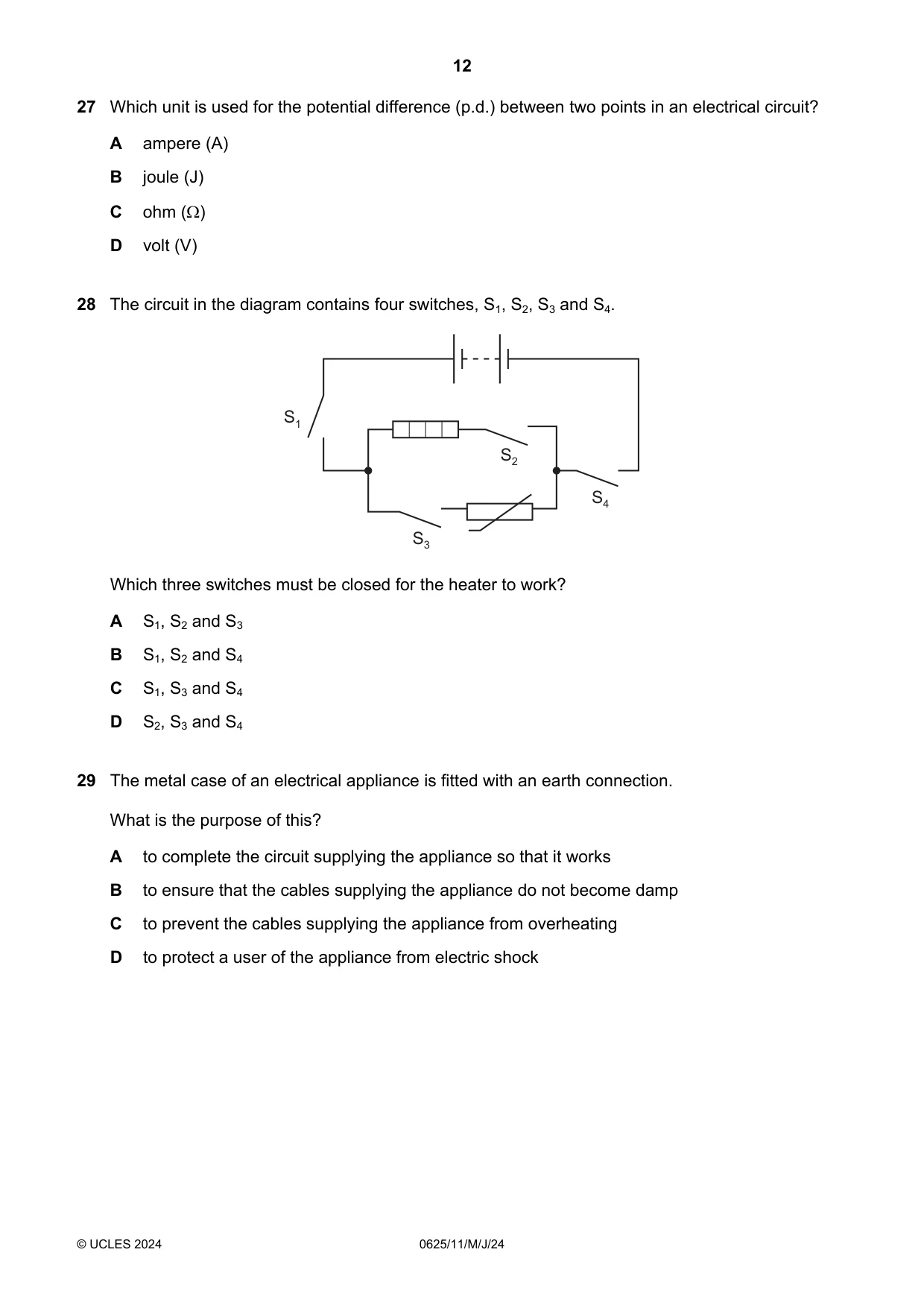 Cambridge IGCSE Physics 0625 2024 May/June Paper 1 · Variant 1 question paper, page 12 of 16