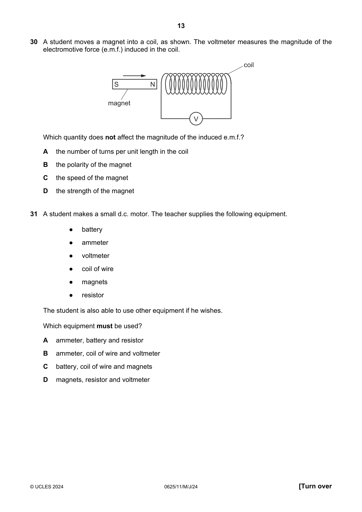 Cambridge IGCSE Physics 0625 2024 May/June Paper 1 · Variant 1 question paper, page 13 of 16