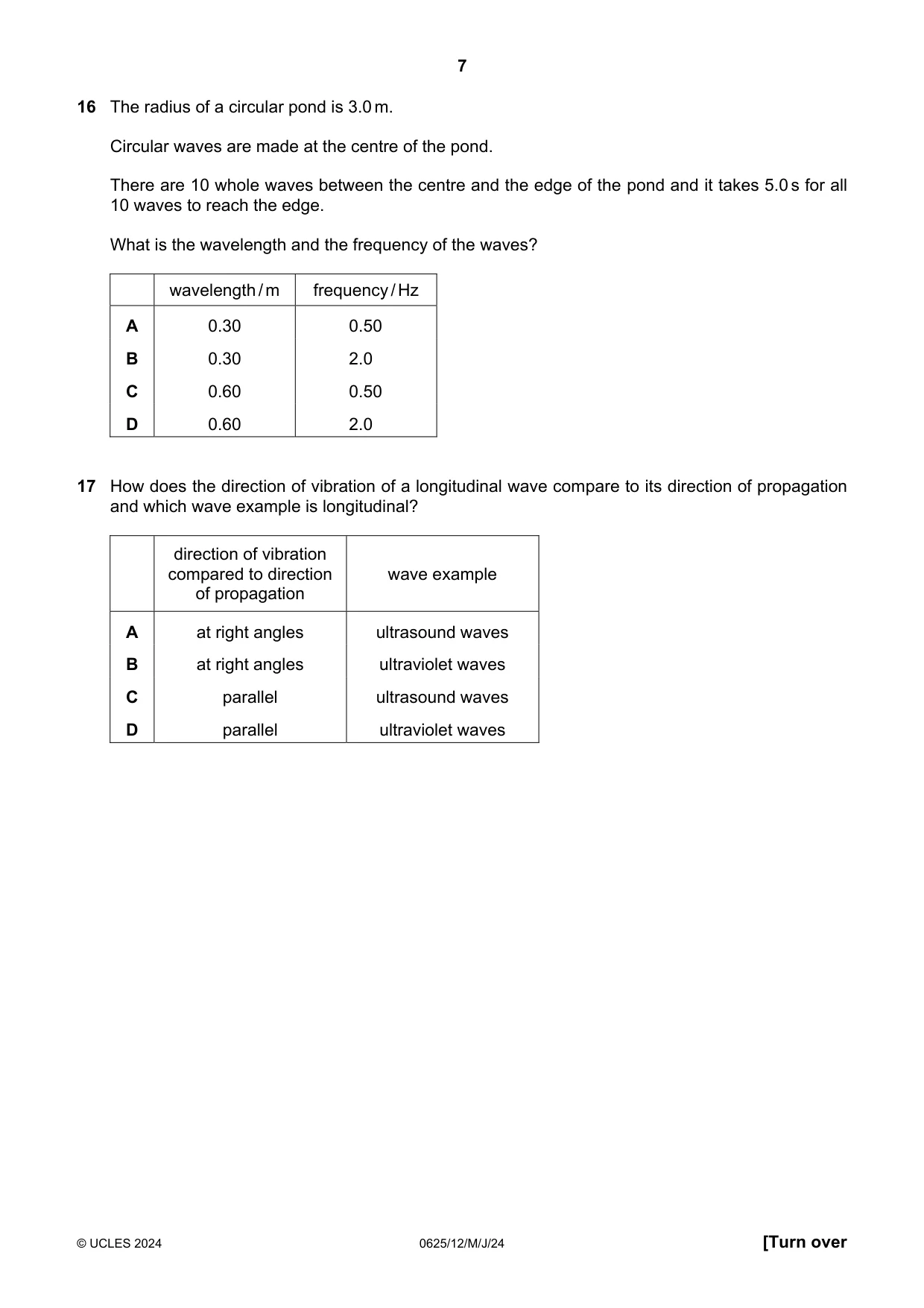 Cambridge IGCSE Physics 0625 2024 May/June Paper 1 · Variant 2 question paper, page 7 of 16