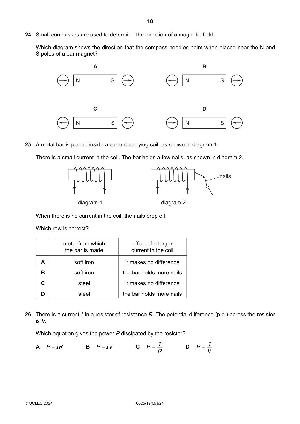 Cambridge IGCSE Physics 0625 2024 May/June Paper 1 · Variant 2 question paper, page 10 of 16