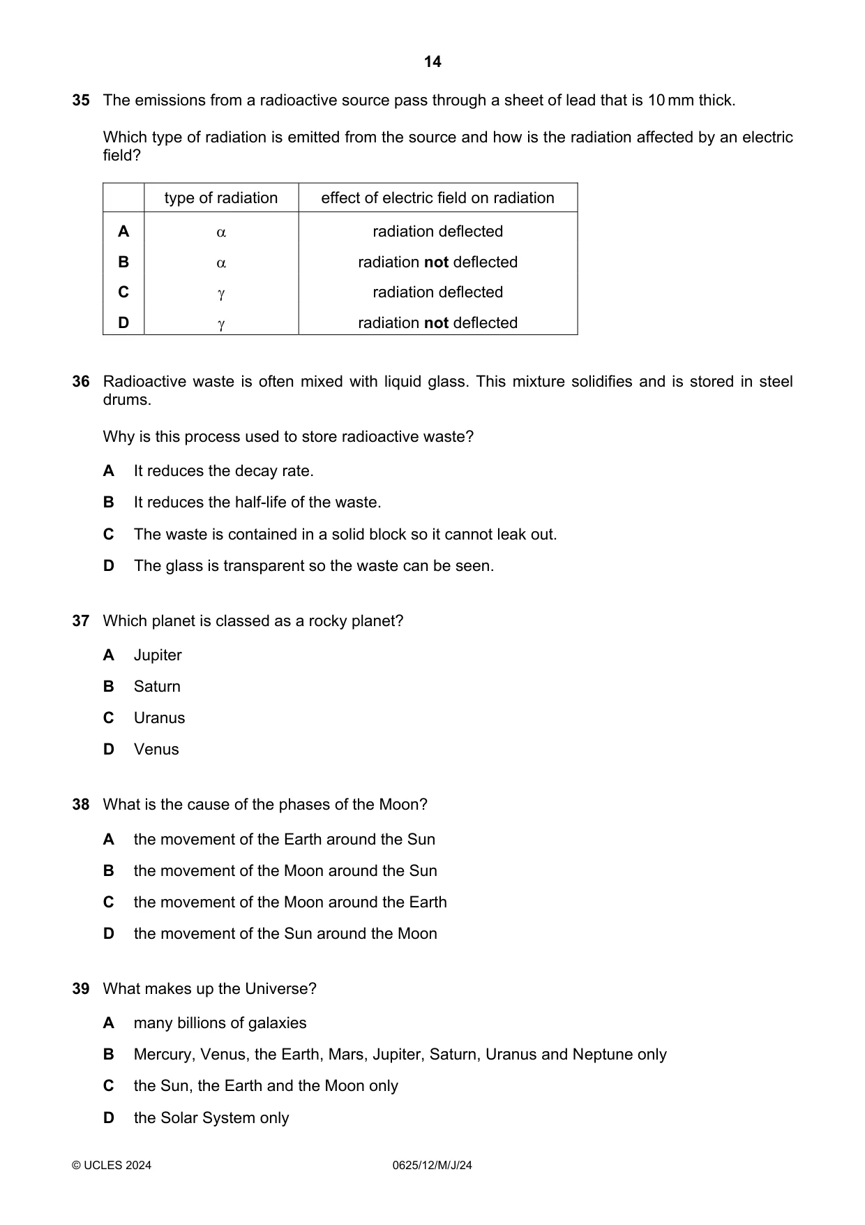 Cambridge IGCSE Physics 0625 2024 May/June Paper 1 · Variant 2 question paper, page 14 of 16