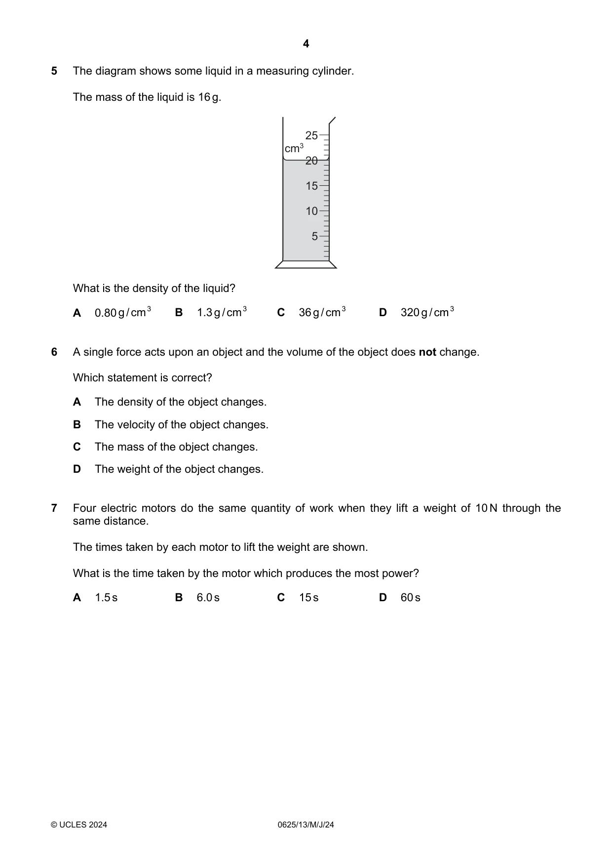 Cambridge IGCSE Physics 0625 2024 May/June Paper 1 · Variant 3 question paper, page 4 of 16