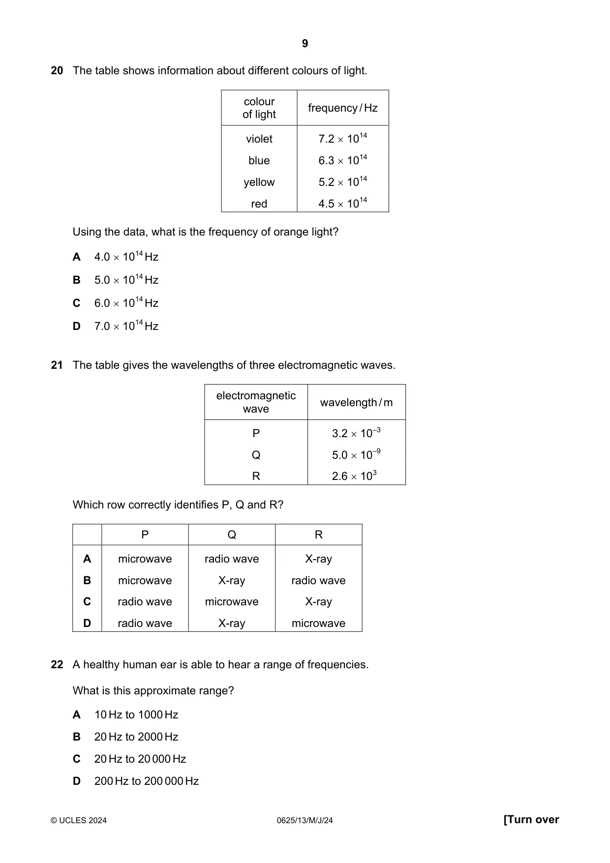 Cambridge IGCSE Physics 0625 2024 May/June Paper 1 · Variant 3 question paper, page 9 of 16