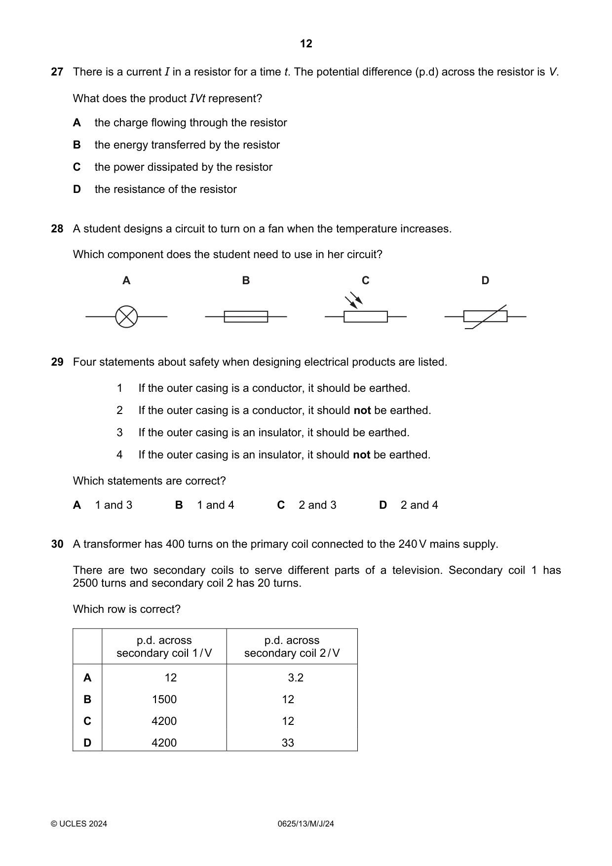 Cambridge IGCSE Physics 0625 2024 May/June Paper 1 · Variant 3 question paper, page 12 of 16