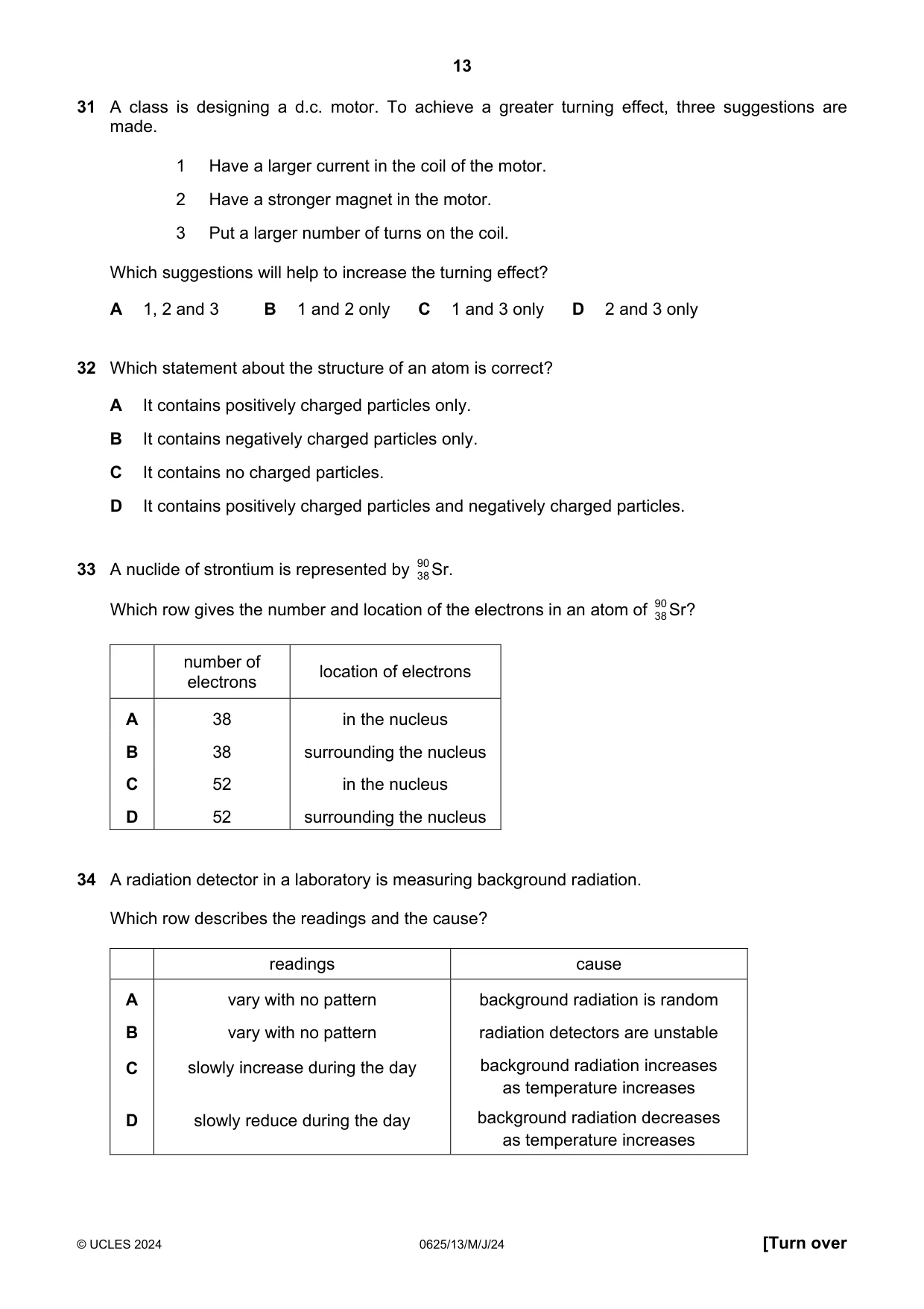 Cambridge IGCSE Physics 0625 2024 May/June Paper 1 · Variant 3 question paper, page 13 of 16