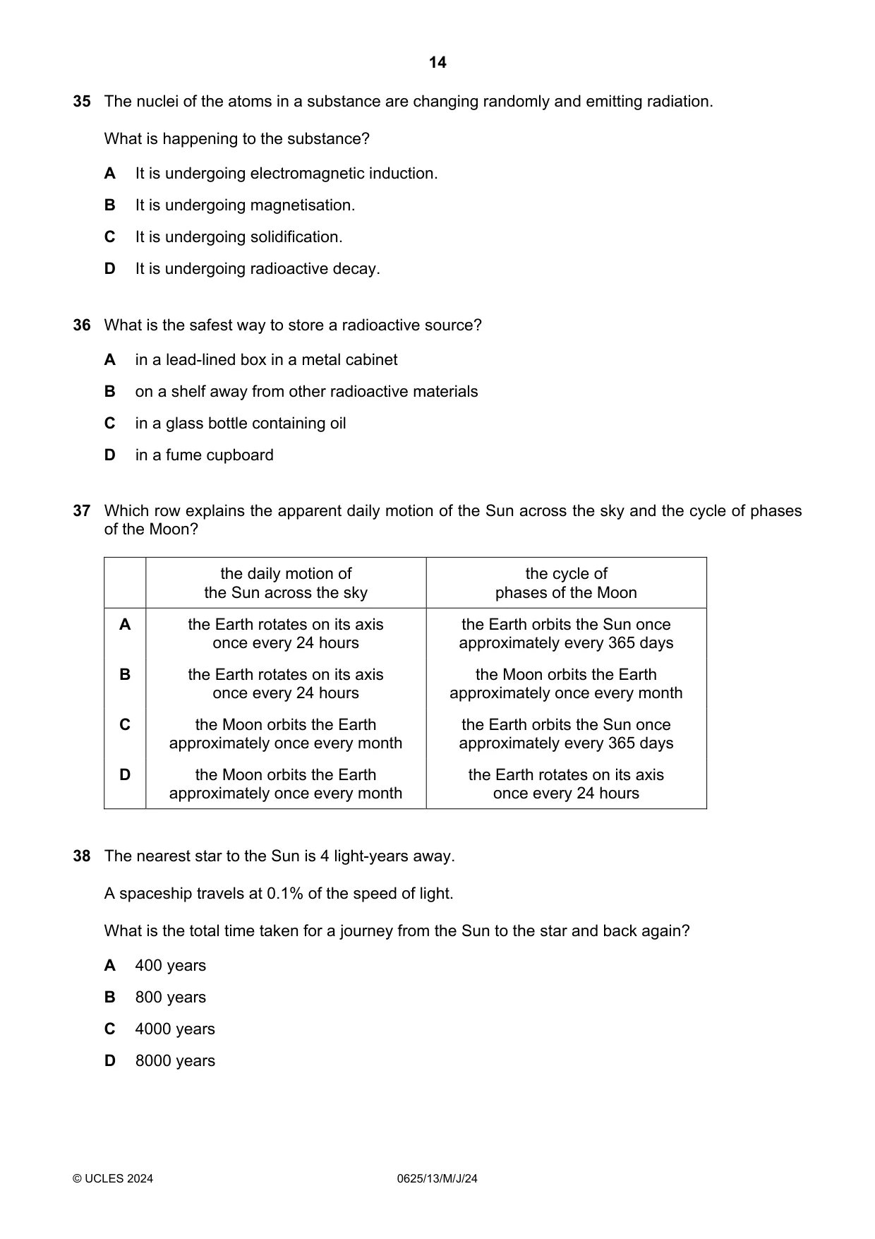 Cambridge IGCSE Physics 0625 2024 May/June Paper 1 · Variant 3 question paper, page 14 of 16