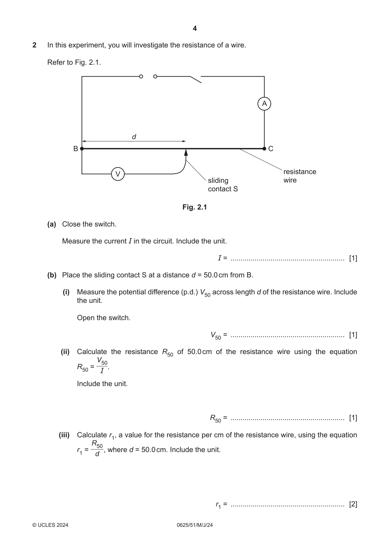 Cambridge IGCSE Physics 0625 2024 May/June Paper 5 · Variant 1 question paper, page 4 of 12