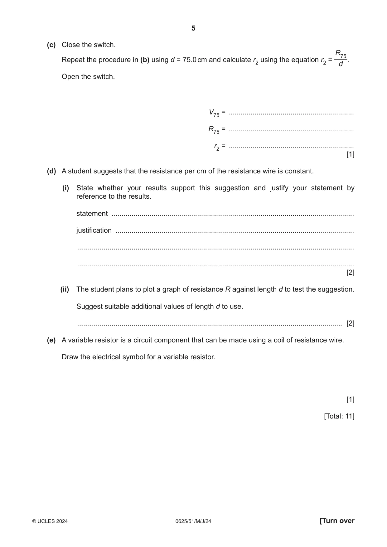 Cambridge IGCSE Physics 0625 2024 May/June Paper 5 · Variant 1 question paper, page 5 of 12